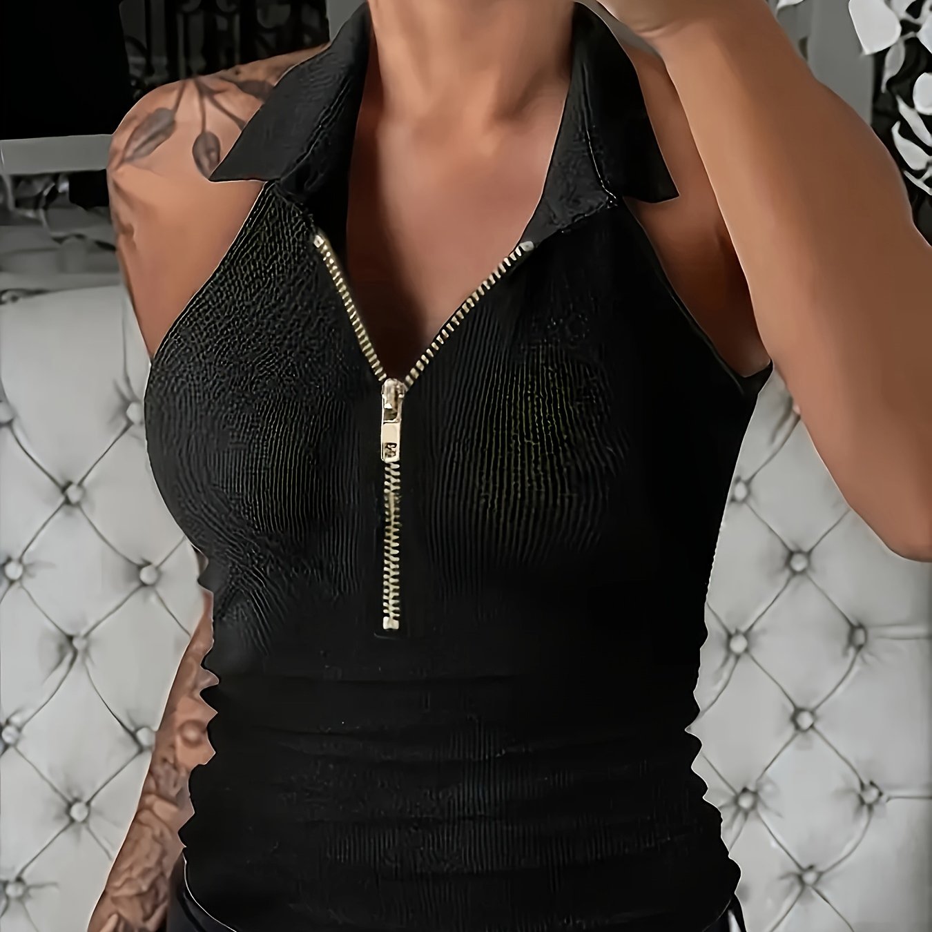 New Summer Ribbed Sleeveless V-neck Zipper T-shirt