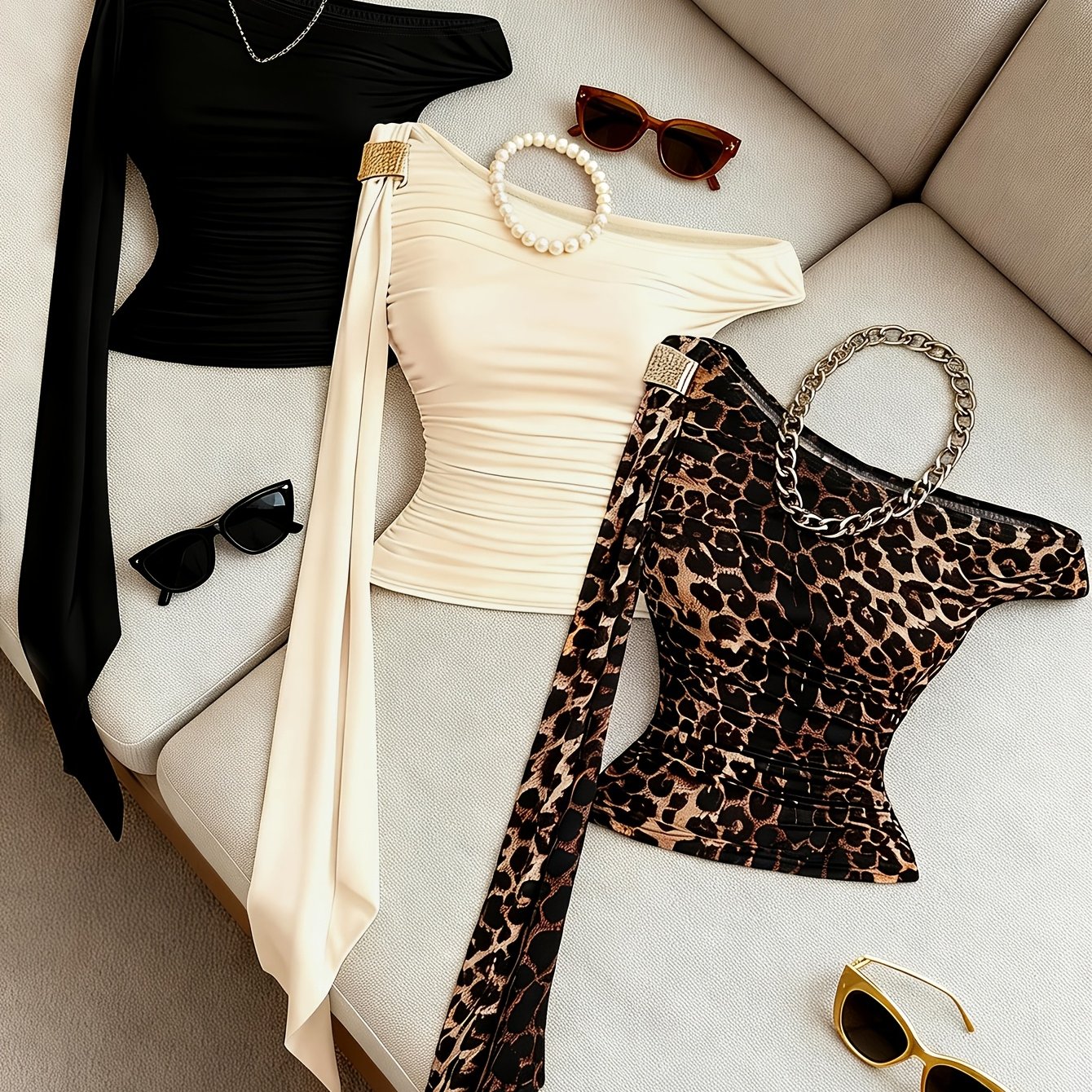 Image of 3pcs Women's Spring Summer Suitable Versatile Easy Solid Color And Leopard Print Fashionable Elegant Shoulder Waist Cinched Pleated Thin Texture Scarf Ribbon Decor Vest 3pcs Set [ytd]