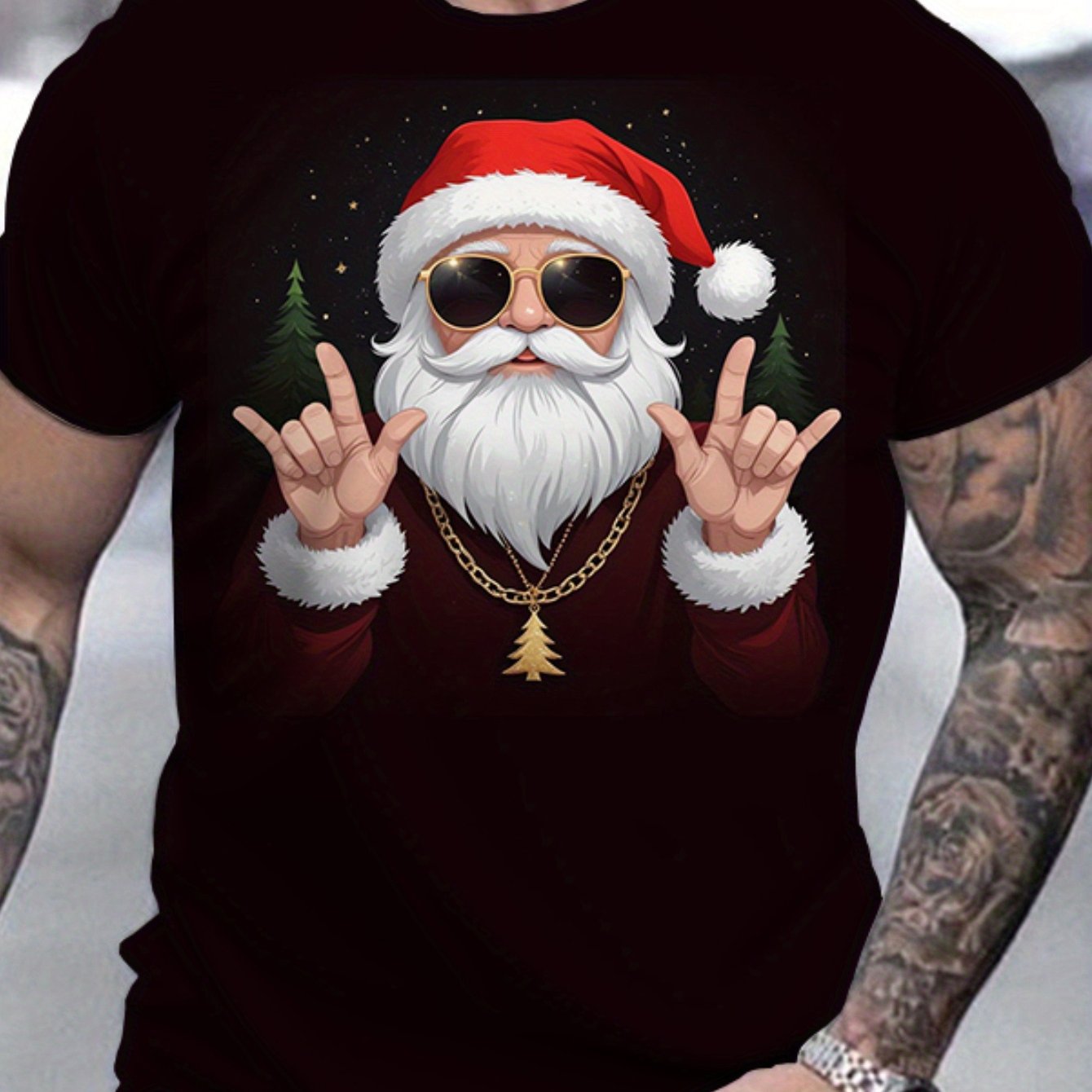 TEMU T-shirt Homme Père Noël avec Lunettes de Mode & Chaîne Dorée - Coupe Ample Douce et Respirante, Manches Courtes, Tenue de Fête de Noël Rock,