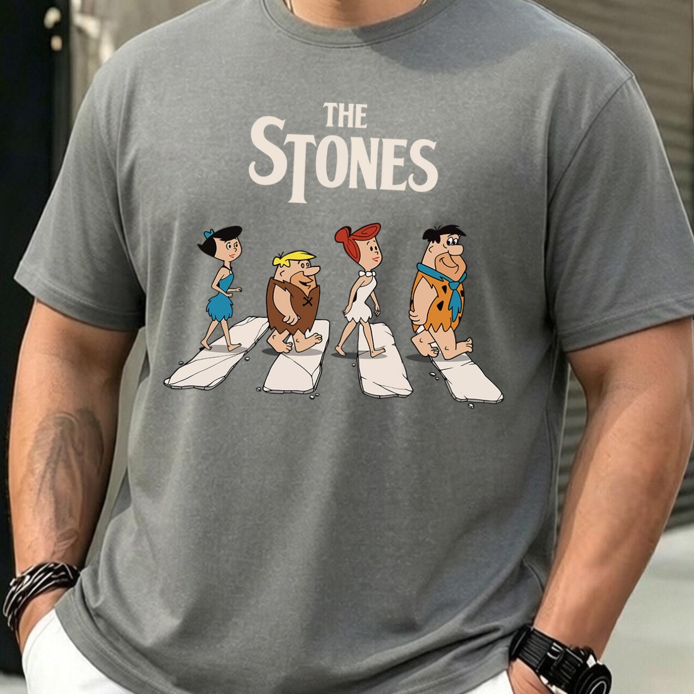 TEMU Wb Men's & Unisex Plus Size T-shirt - Heavyweight 180g Crew Neck Retro Cartoon Tee With Flintstone & Print, Suitable For Sports, Parties, Daily