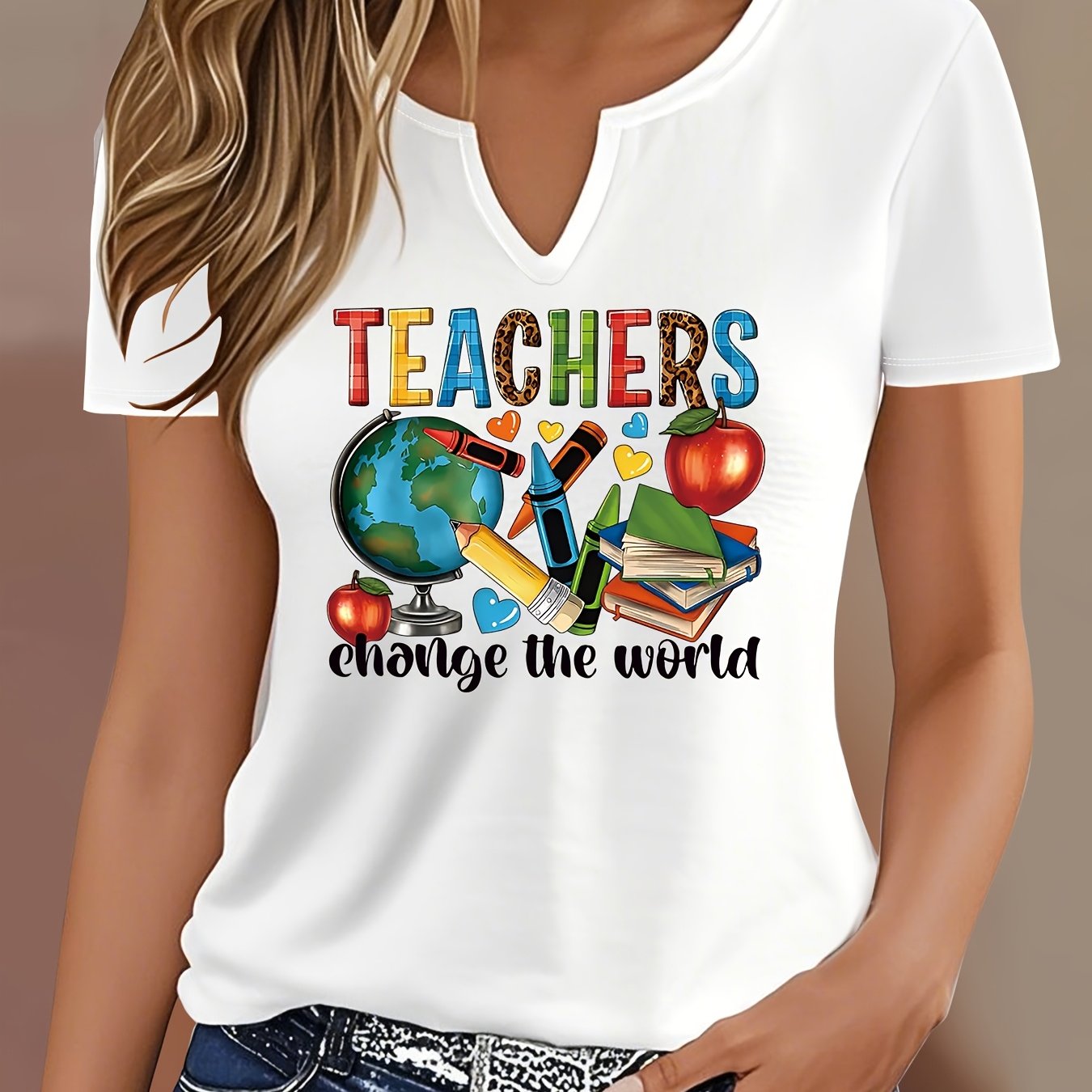 TEMU T-shirt con Stampa Lettere, Top Casual a Maniche Corte con Scollo a V per Estate & , Abbigliamento da Donna