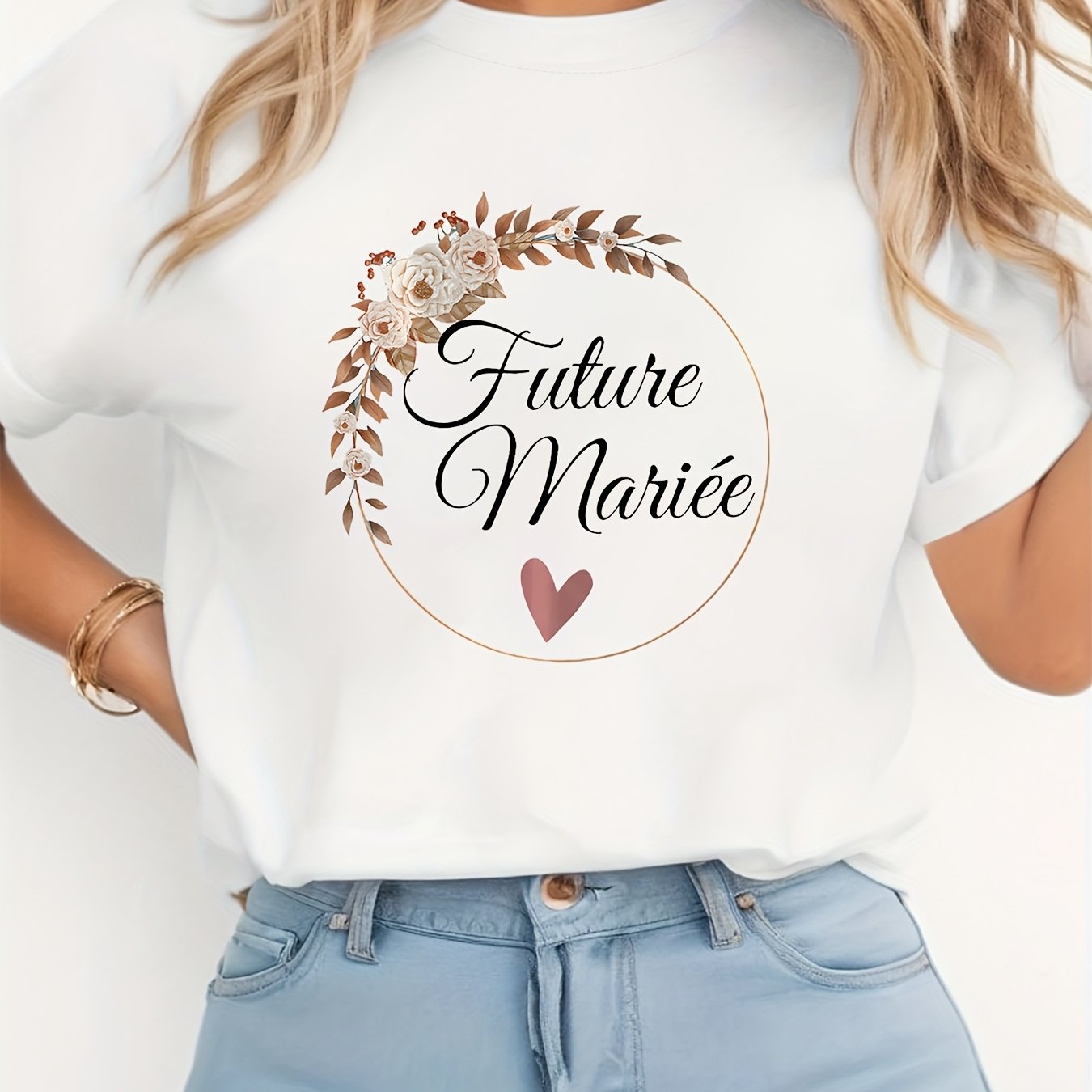 TEMU T-shirt de mariée français pour femme - « Mariée » et imprimé couronne florale, convient aux mariées, tenues de mariage, haut style blouse à col