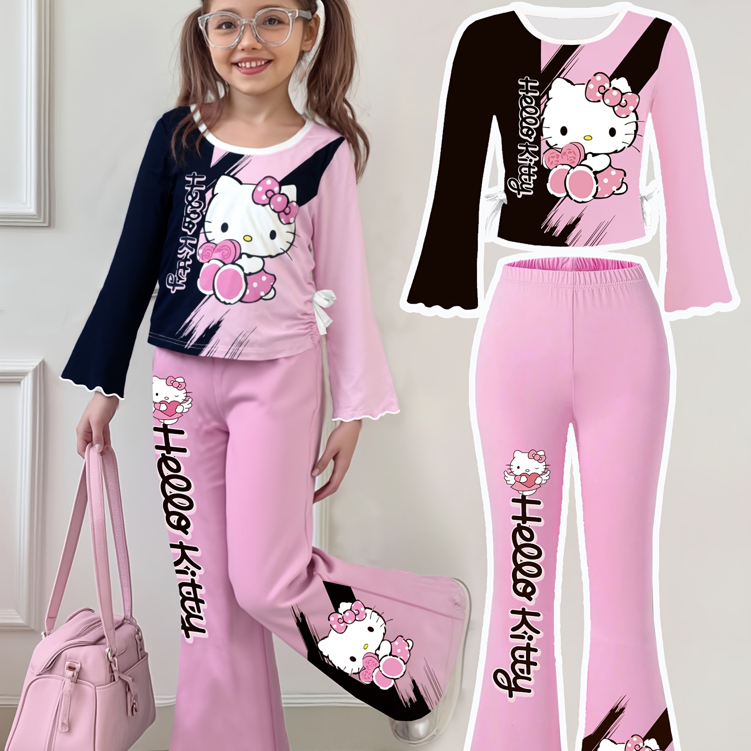 Image of Hello Kitty Girls' Heart Bow Short Sleeve Round Neck T-shirt + Slim Fit Flared Pants 2pcs Set, Perfect For Outdoor