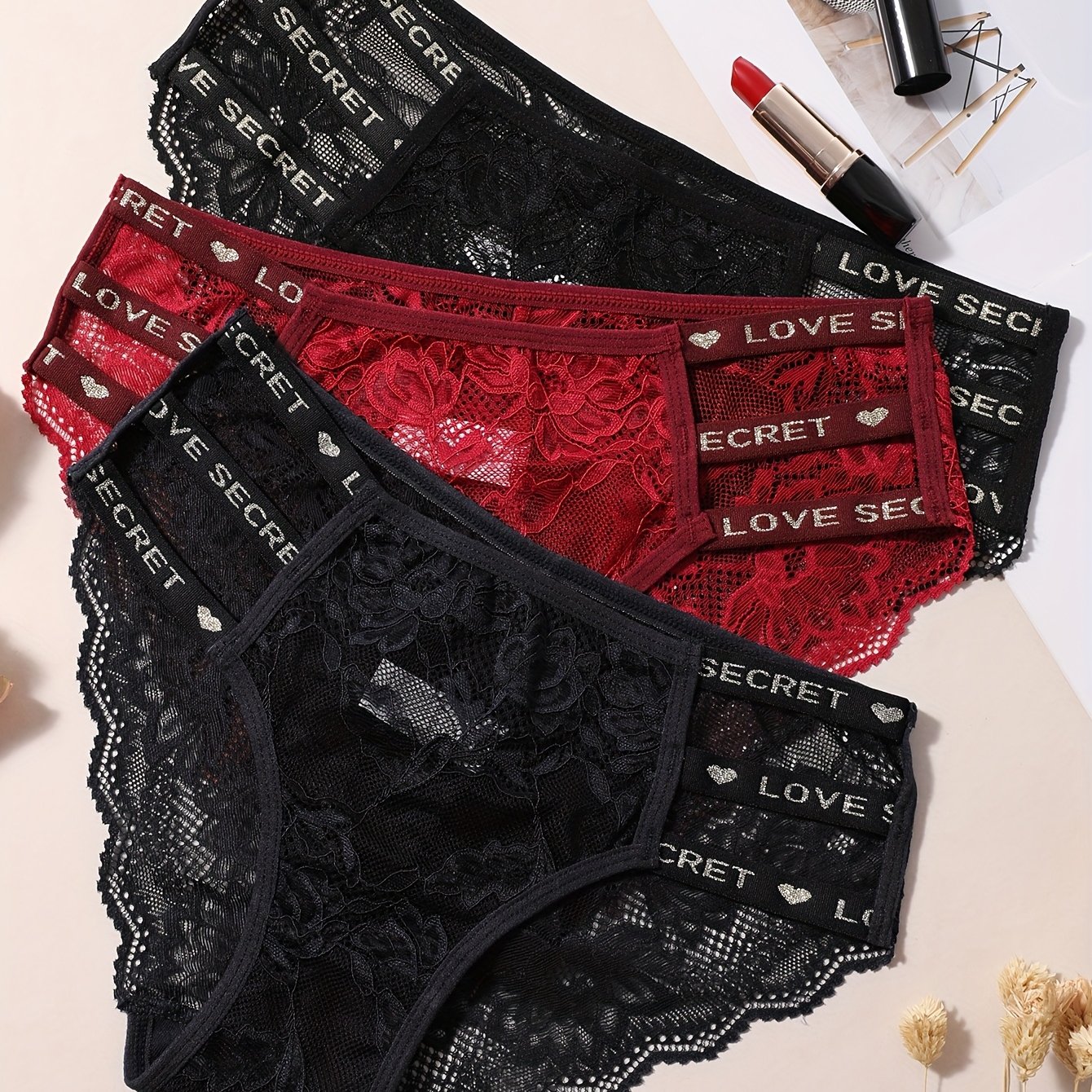 3pcs Floral Lace Panties - Hollow Out Waistband With "love Secret" Print - Low-rise Sexy Briefs For Women