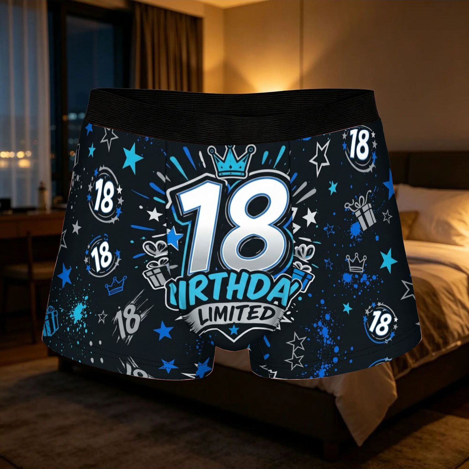 TEMU 1pc 2d Flat Printing Birthday Gift 18th Blue Birthday Underpants Breathable Panties Men's Underwear Printed Shorts Boxer Briefs