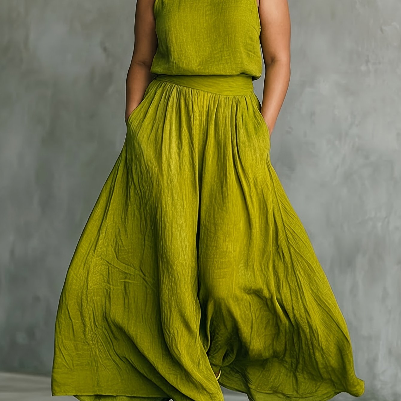 Plus Size, Plus-size Olive Green Sleeveless Top + Wide-leg Maxi Skirt Women's Set | Sophisticated Casual Lazy For Plus-size Casual & Vacation Outfit Looks