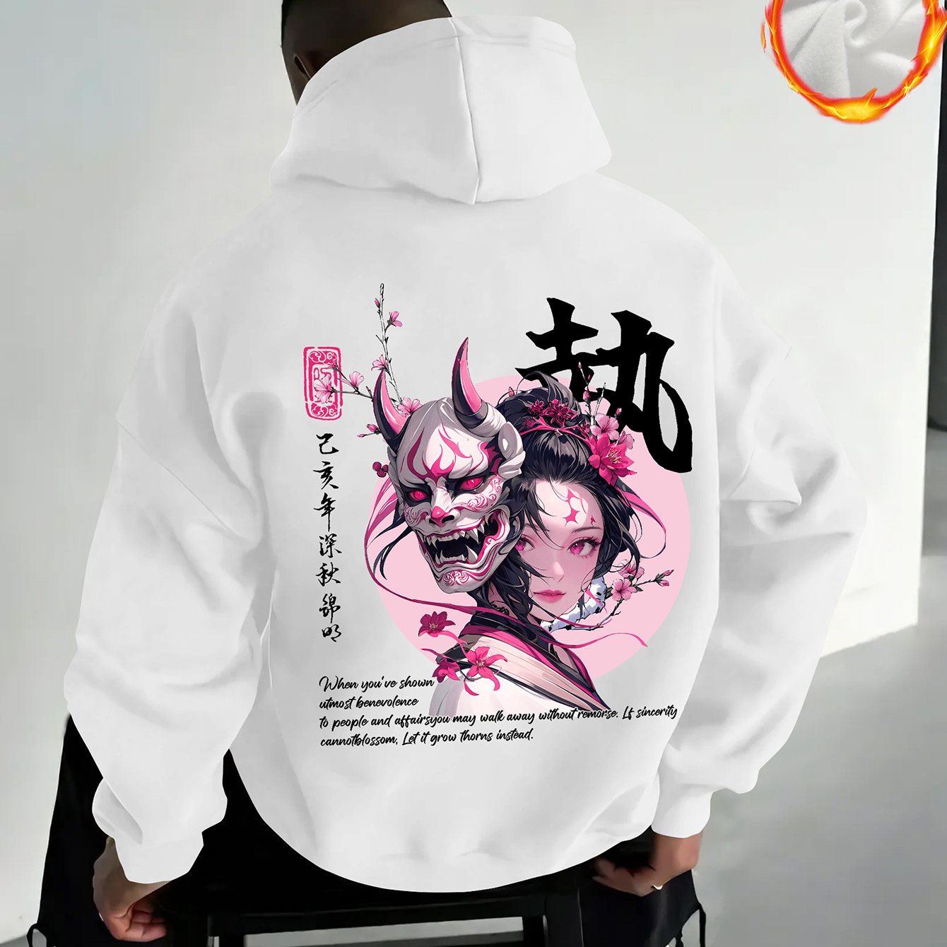 Image of Men's Fashion Tokyo Anime Girl Y2k Style Hooded Sweatshirt, Cherry Anime Girl Oni Mask Pattern Print