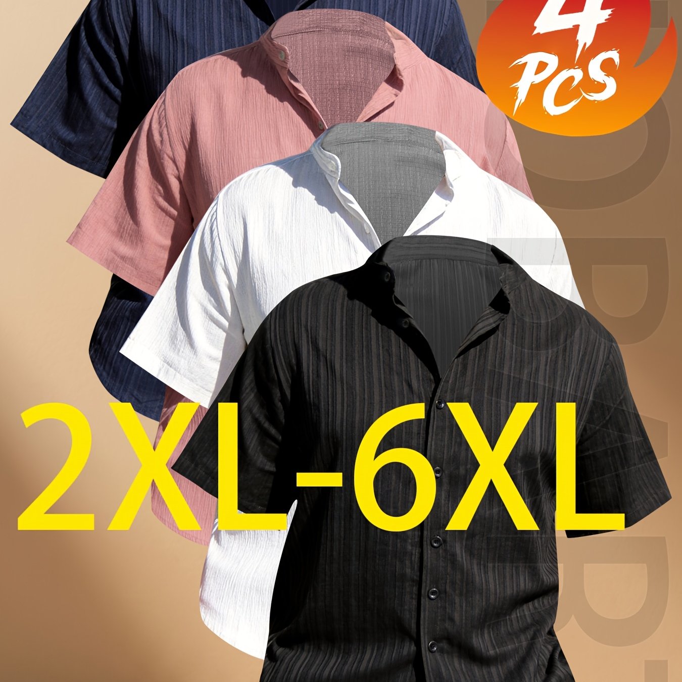 TEMU Darwin Obm 4pcs Men's Plus Size Summer Short Sleeve Shirt - Lightweight Breathable Solid Color Button-up Casual Shirt With Stand Collar, Machine