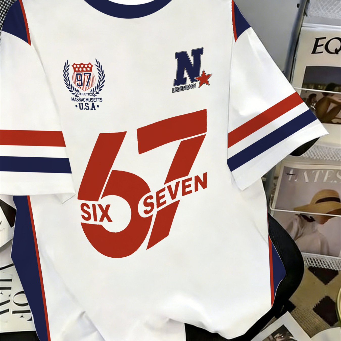 TEMU New Children's Boys "67" Number Jersey T-shirt, Novelty Fashion Round Neck Short Sleeve Spring Summer Boys' Holiday Back-to- Gift, Comfortable