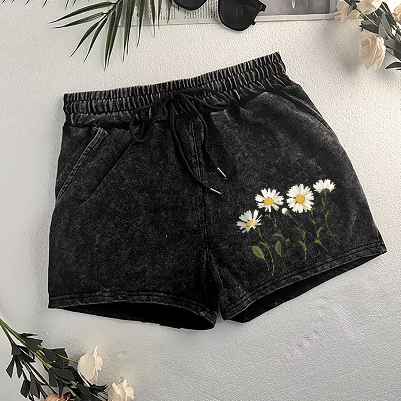 3d Dimensions Men's Relaxed Fit Denim Shorts - From 290g Washed, Features Elastic Waistband With Drawstring, Stylish Side Pocket, And Daisy Design - Ideal For Summer Casual Wear, , , Or Everyday