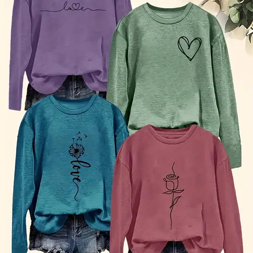 plus size 4pcs womens casual long sleeve t shirts floral heart print round neck loose fit machine washable essential for casual attire everyday tshirt relaxed fit tee stretchy fabric