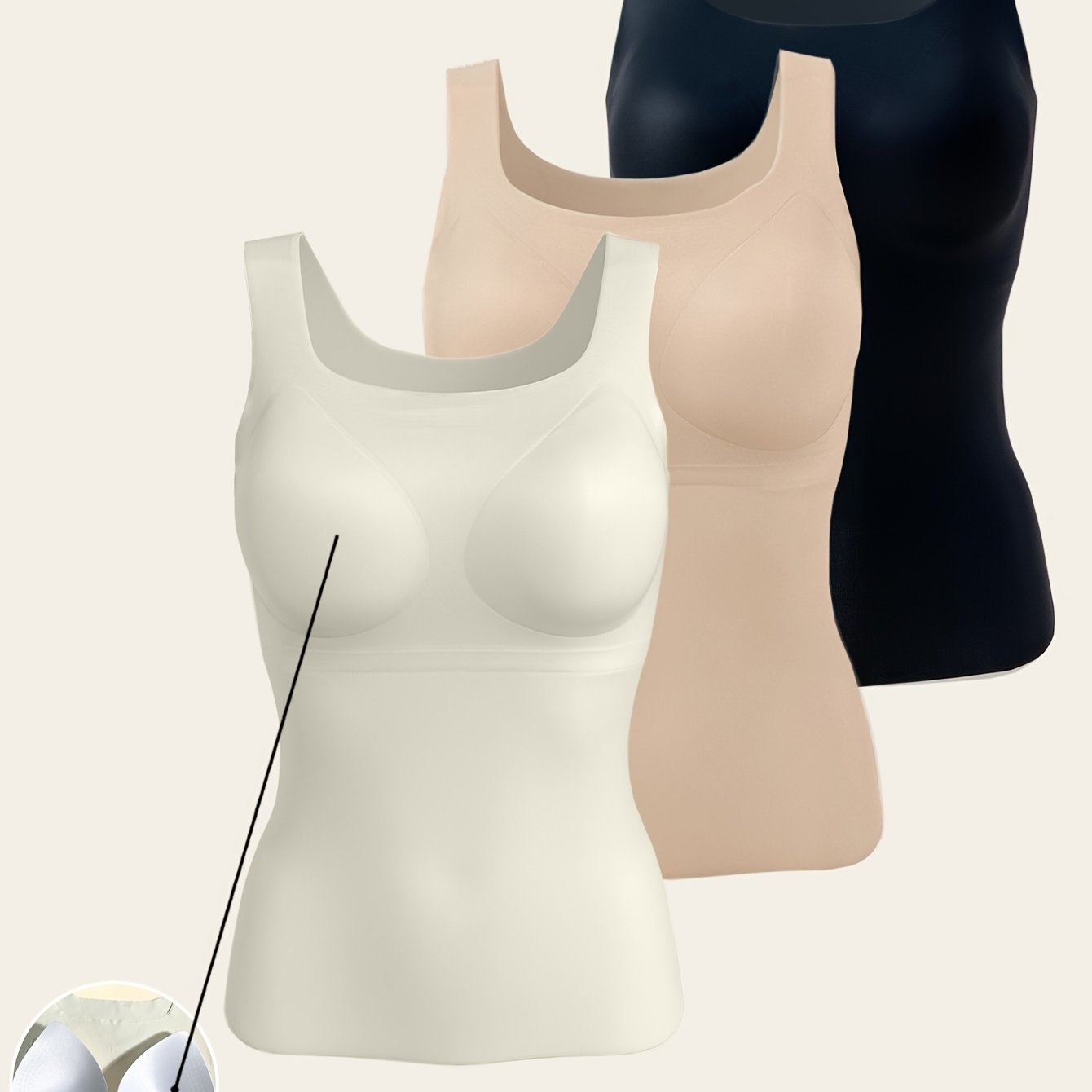 TEMU 3pcs New Seamless Women's Tank Top, Simple And Stylish Round Neck 1pc With Chest Pads, Anti-see-through For Inner Or Outer Wear, Base Layer Top