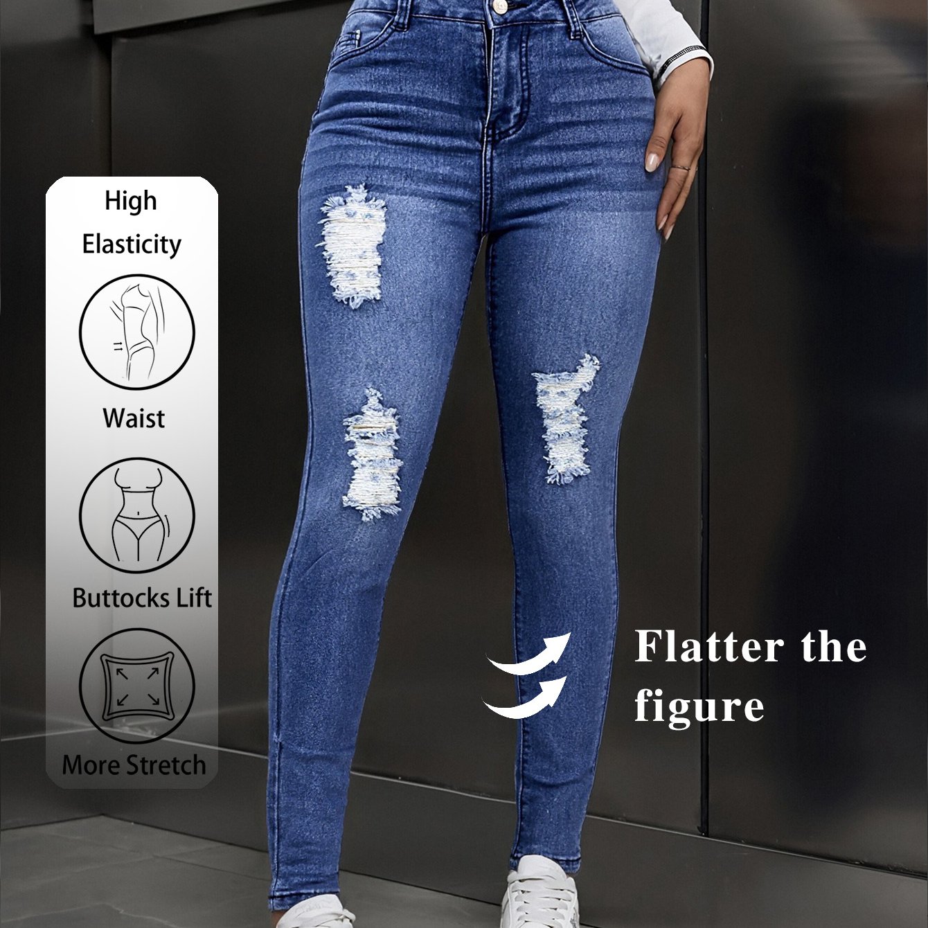 TEMU Women's Washed Ripped Jeans - Stretchy Skinny Full-length, -lifting, Long- &