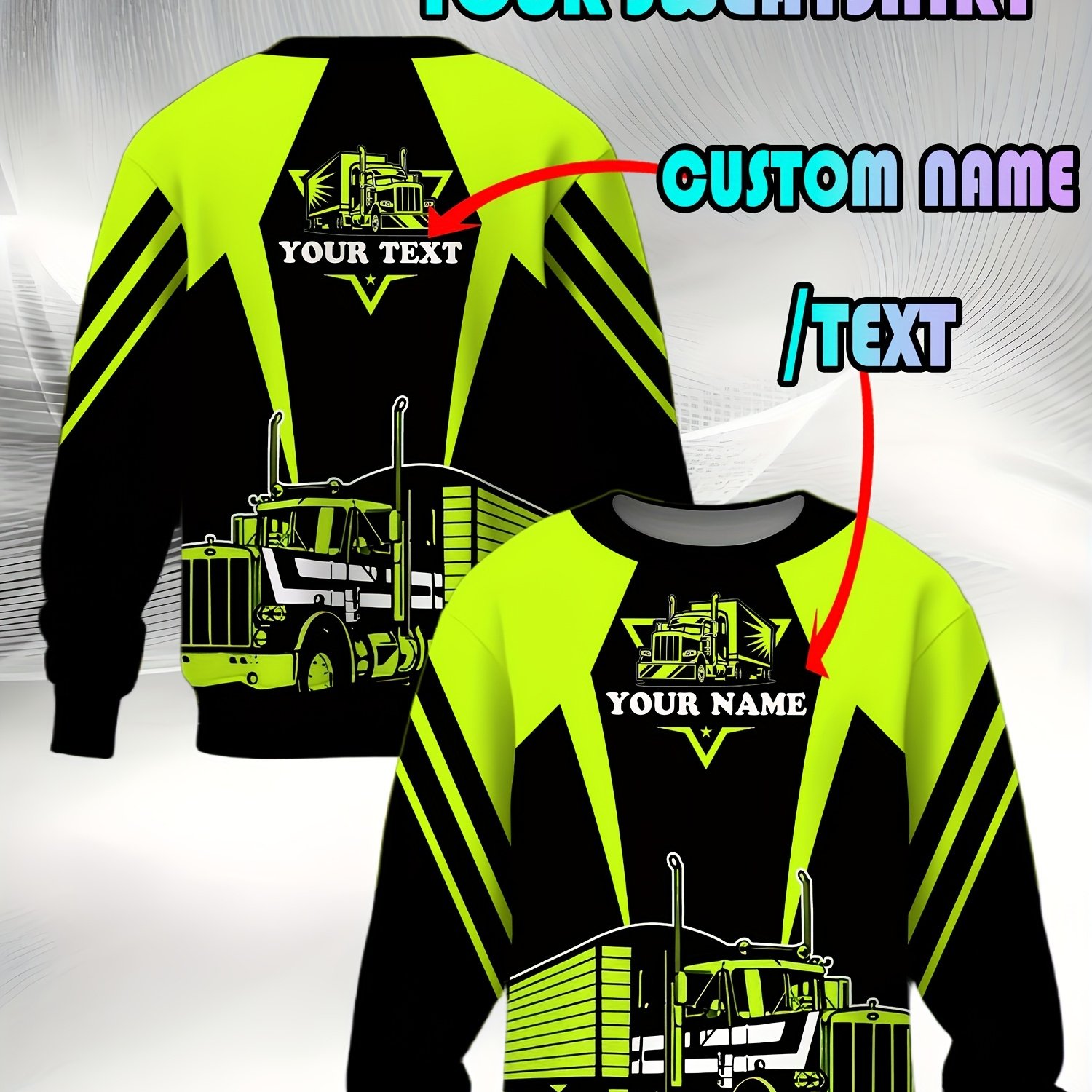 TEMU Men's Heavy-duty And Semi-trailer Graphic Sweatshirt - Neon Green/black, Personalized Name/text, Loose Fit, Trucker Apparel, Soft Long Sleeve