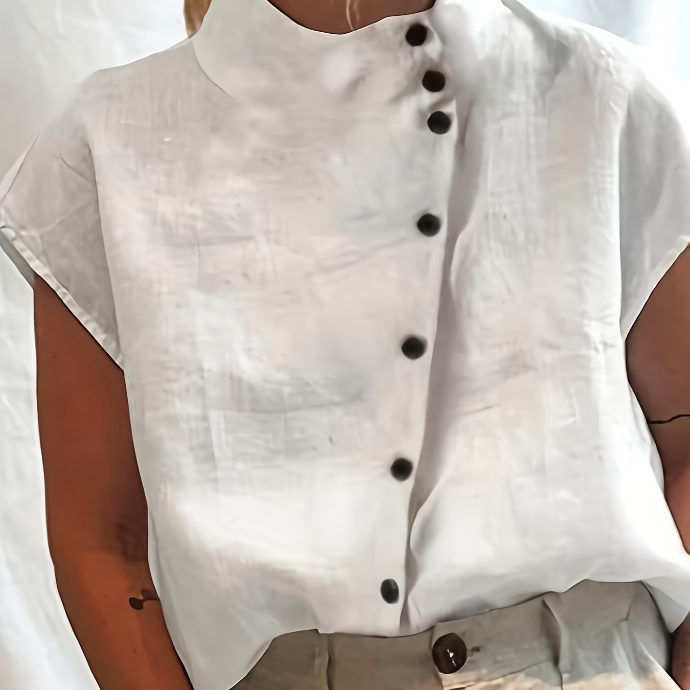 TEMU Summer Fashion New Solid Color Single-button Short Sleeve Stand Collar Shirt Women's