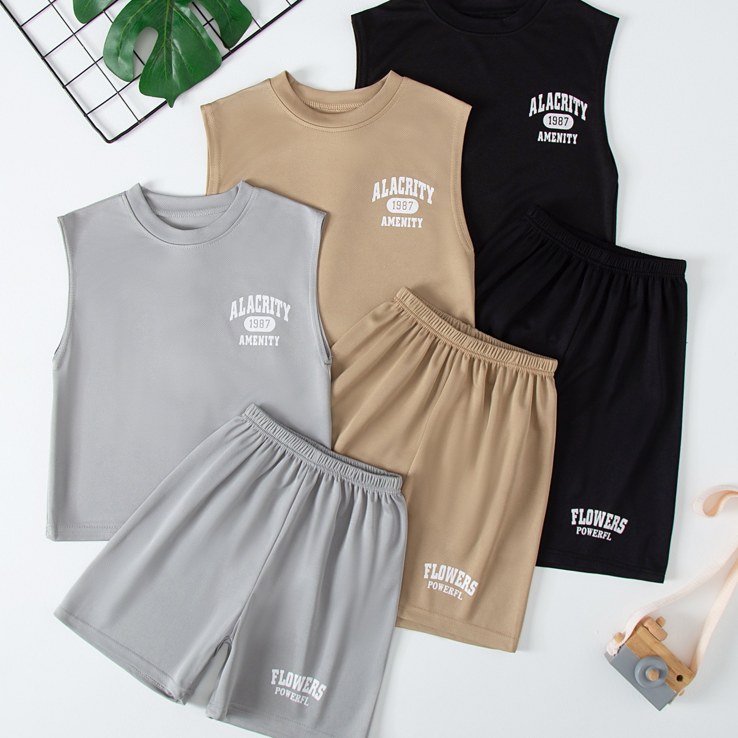 Image of 3pcs Set Of Sleeveless Vest And Shorts For Children, Comfortable, Lightweight, And Breathable, Suitable For Outdoor Sports, Perfect For Outdoor