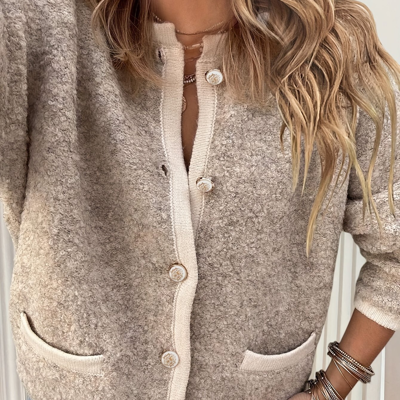 TEMU Contrast Button Cardigan, Elegant Crew Neck Long Sleeve Cardigan For Fall & , Women's Clothing