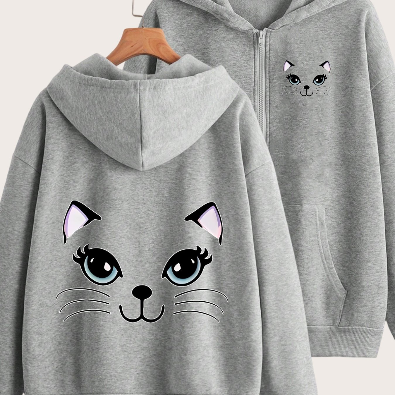 TEMU Cute Cartoon Cat Pattern Adorable Front And Back 2-pattern Print - Y2k Zip-up Hoodie With Hood - Fashionable And Comfortable Zip-up Jacket -