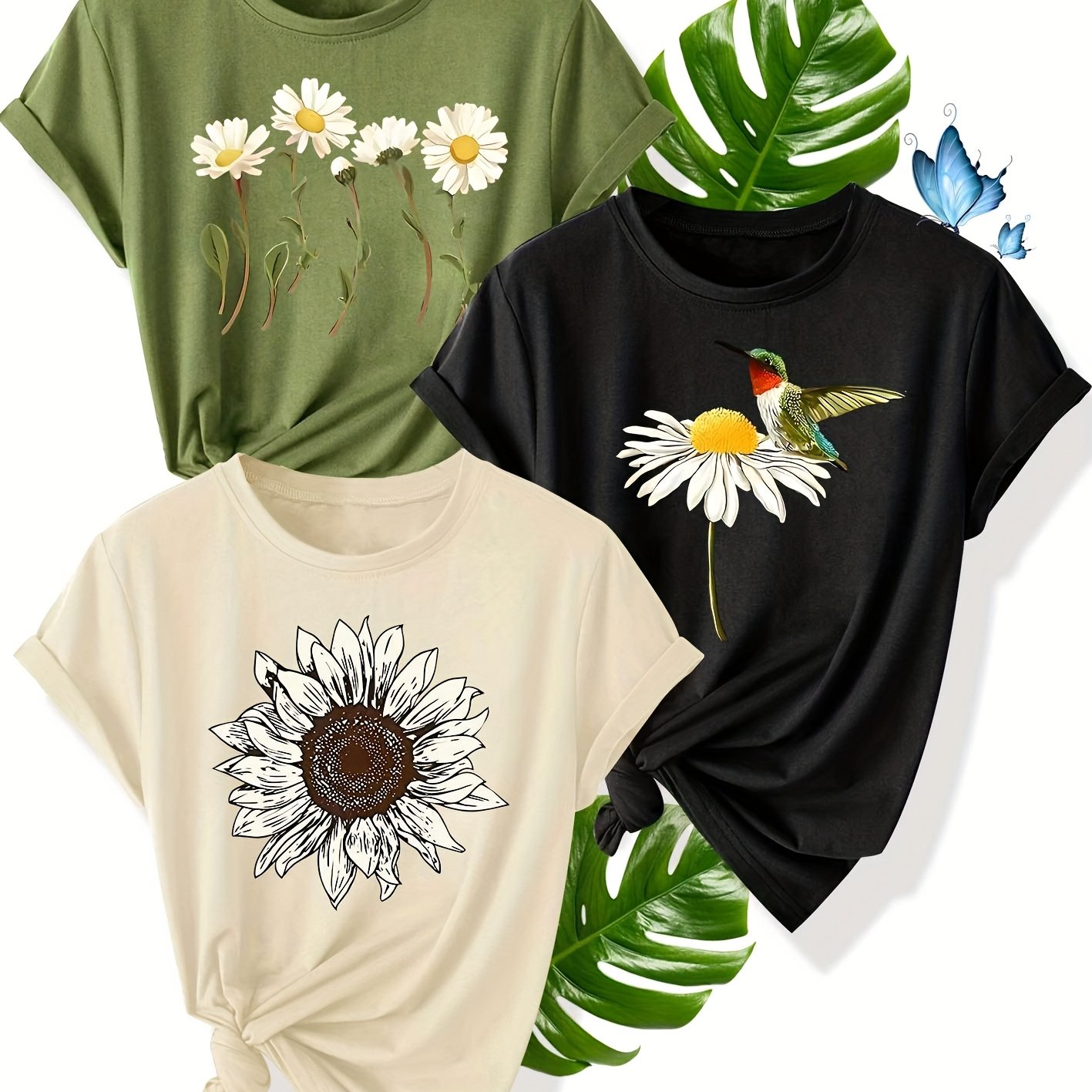TEMU Multi-flower Three-piece Set: , Pack, Sisters' Pack - Printed Vintage Style Women's Summer Casual Sporty Round Neck Short Sleeve T-shirt In