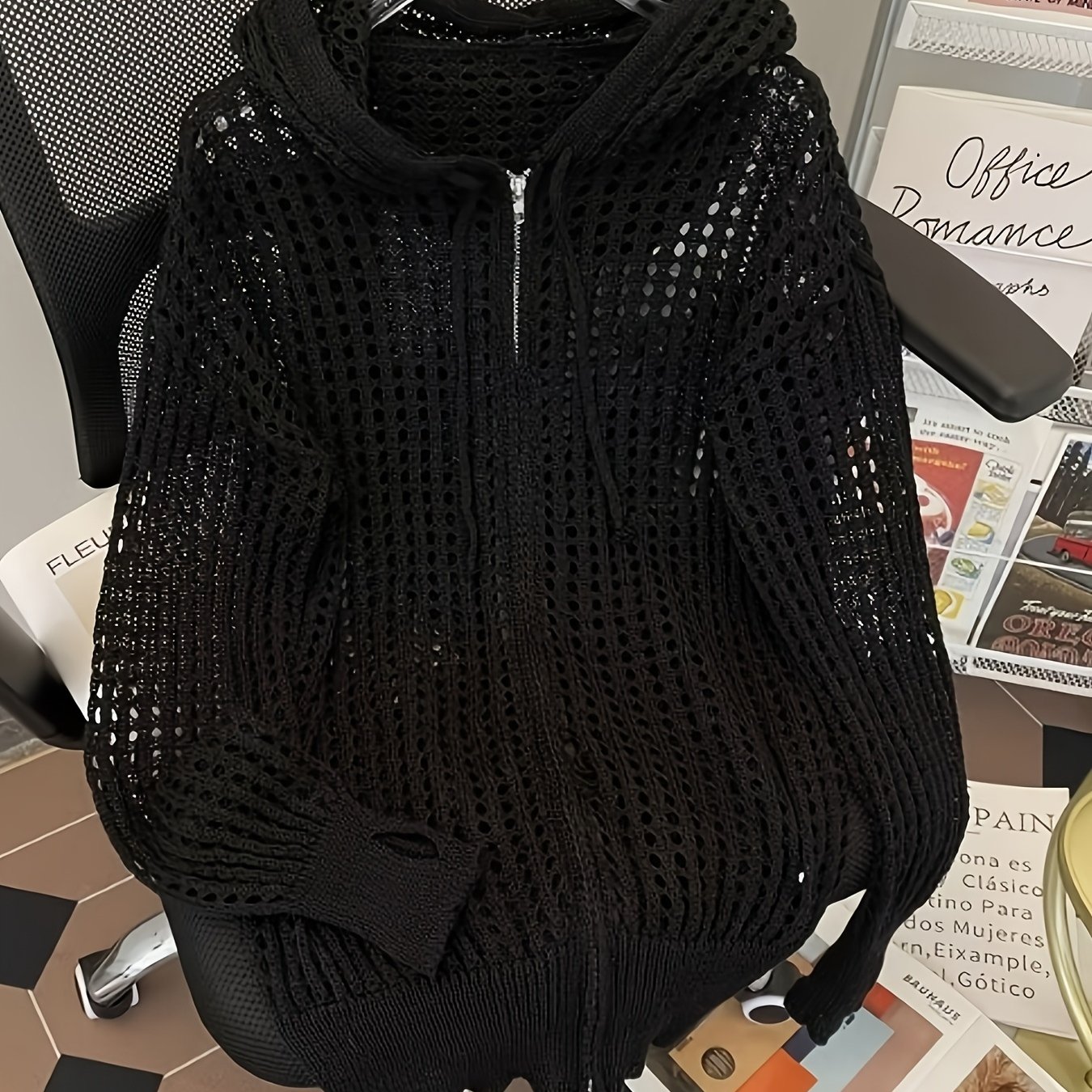 TEMU ファイバーファ軽量サマーフード付きカーディガン - 通気性抜群のホローデザイン、ルーズフィットスカジュア、無地色、アウトドア用通気性服、ストレッチセーター、暖かい季節に最適なソフトテクスチャー、ファッション愛好家必須アイテム
