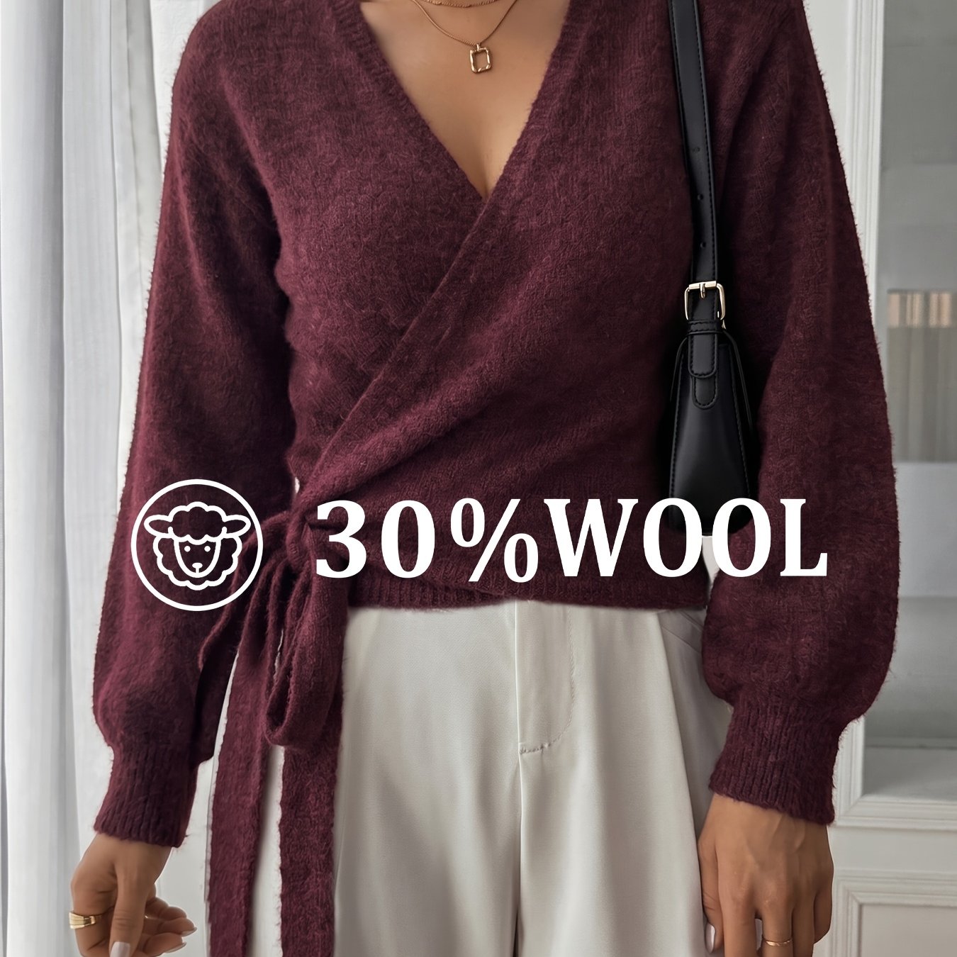 TEMU Pull à lacets mi-chinois , style automne 2026, haut et à enrouler avec col en V
