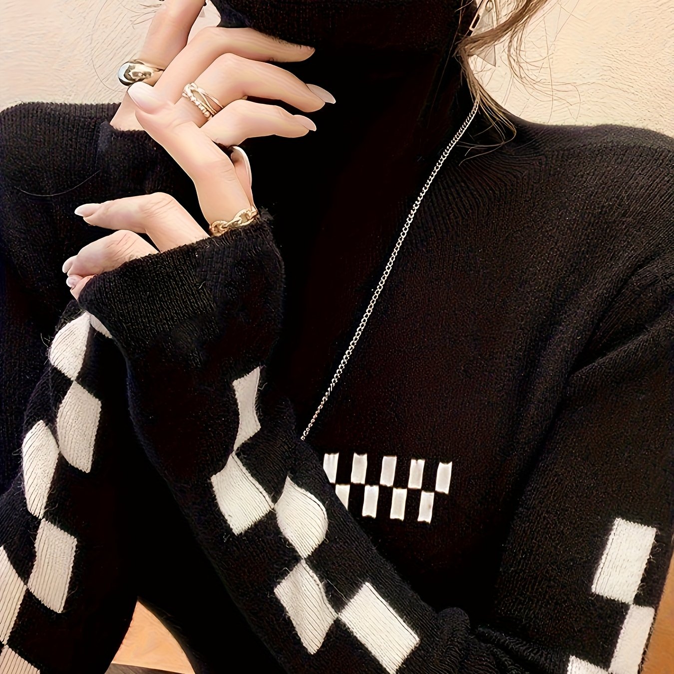 Image of New Style Thick Sweater Base Layer Turtleneck Checkered Inner Long Sleeve Top Ruffle Collar