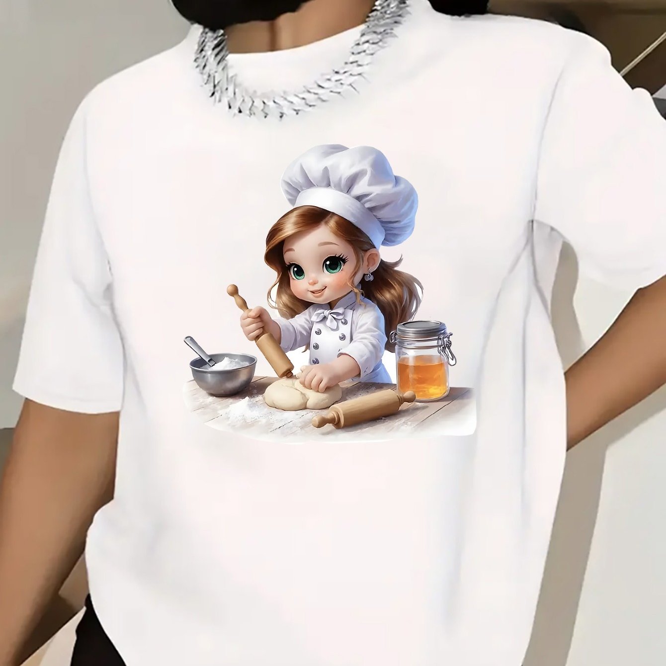 TEMU Women's Casual T-shirt With Print, Rolling Pin Honey Jar Design, Soft, For Everyday Wear