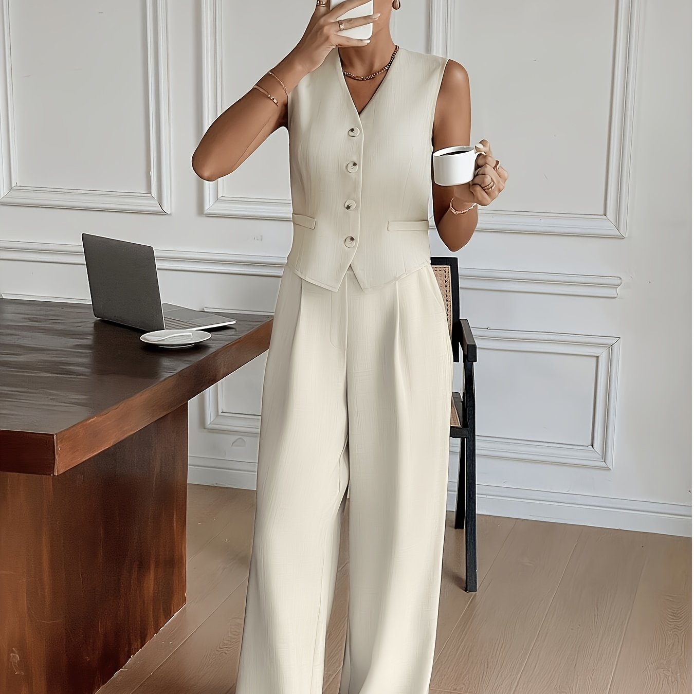 TEMU Sleeveless Vest Set For Women, V-neck Single-breasted Vest   Wide-leg Pants, Office Casual Wear With A Touch Of And