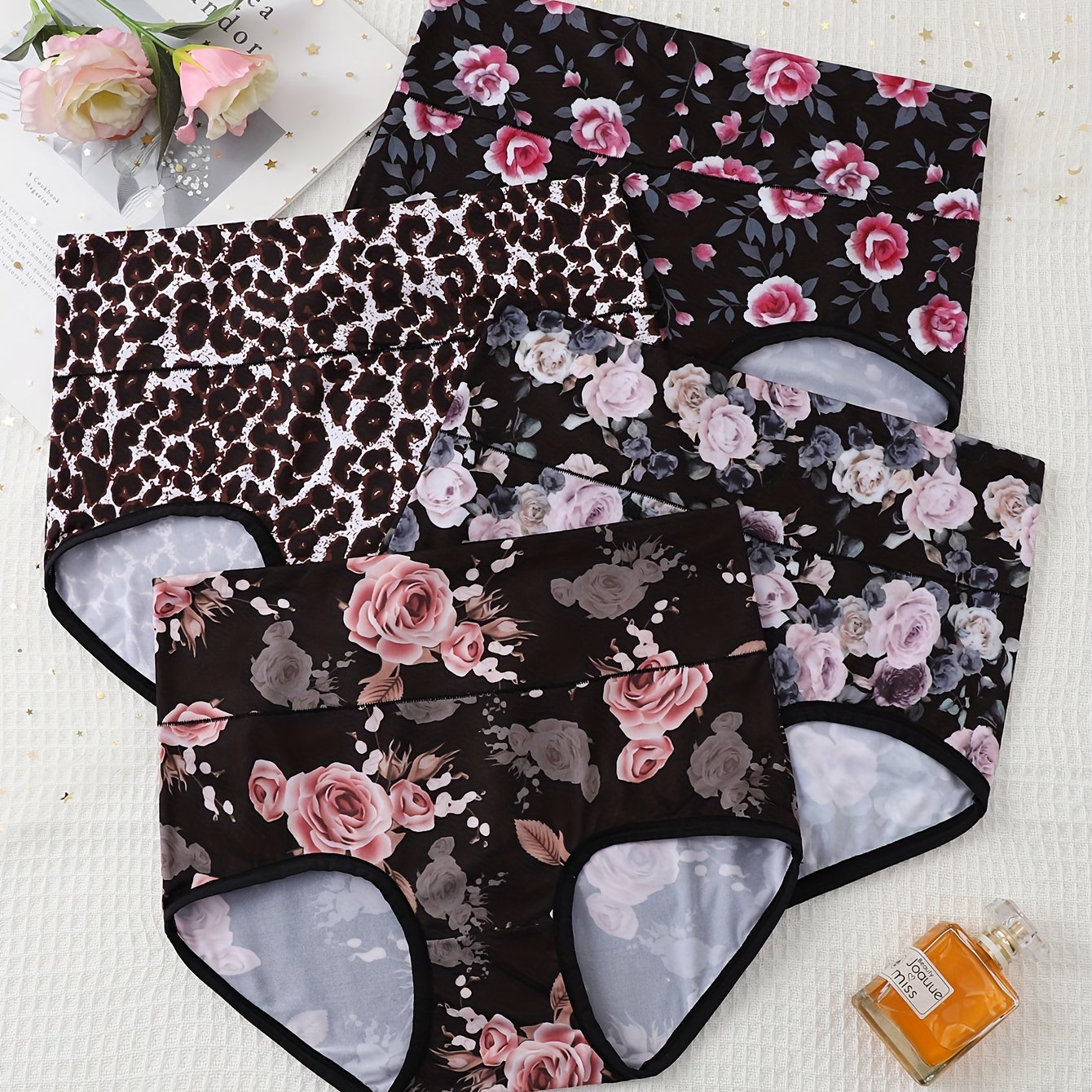 E-shop 4 Stück Damen High-Waist Slips | Weich & Dehnbar | Digitaldruck | Atmungsaktiv & Bequemes Blumenmuster | High-Waist Bikini-Unterwäsche