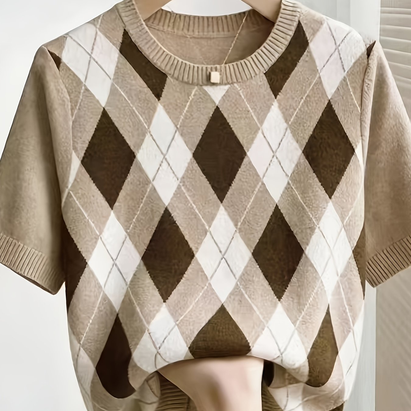 TEMU Diamond Pattern Short-sleeved Top Women's Round Neck Casual Pullover College Style Lightweight Sweater Kydx