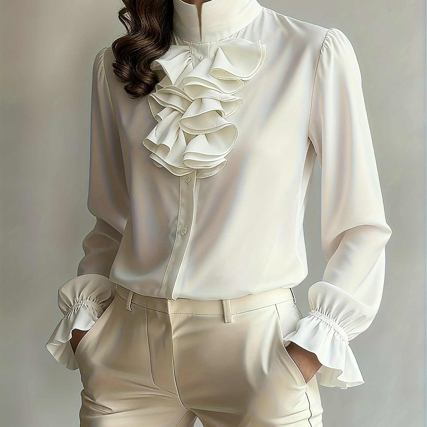 E-shop Damen Ganzjahres Bluse in Unifarben mit kleinem Stehkragen aus Spitze und Satin, bequemer, weicher Satinstoff, , einfach, elegant, Business