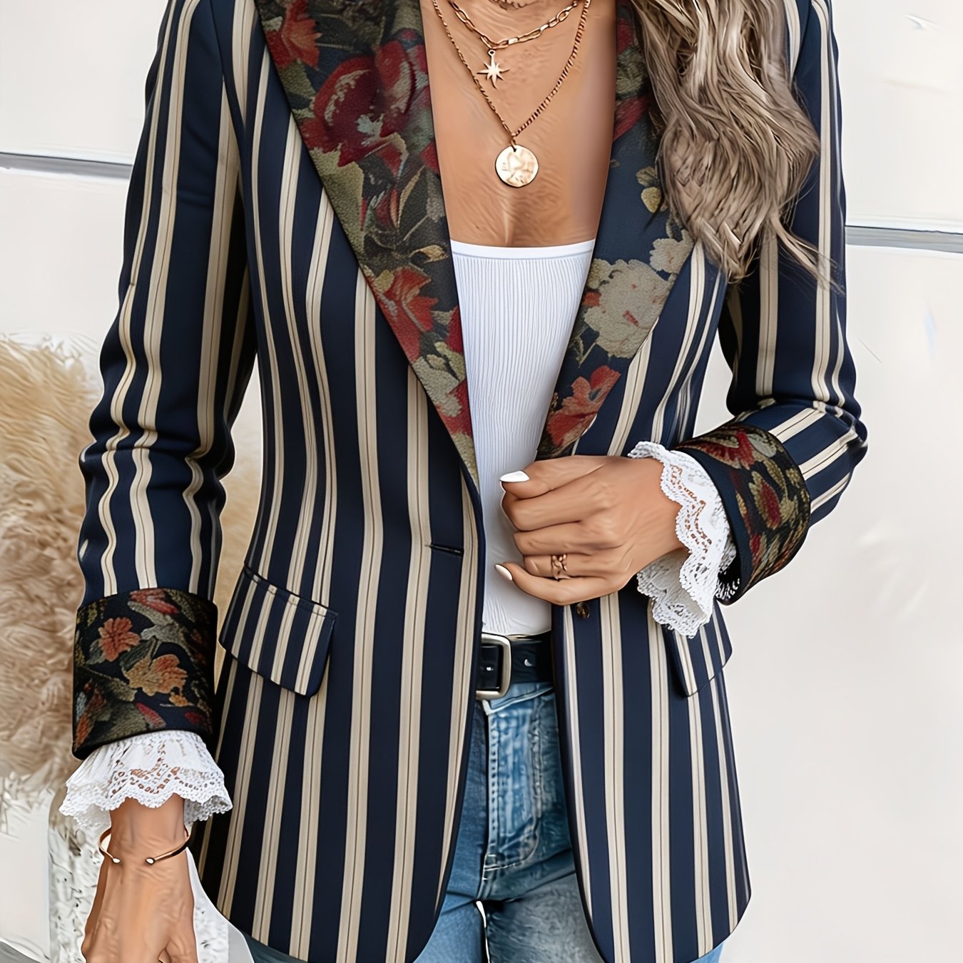TEMU 1pc Women's Pinstripe Blazer, Single-button Printed Suit Jacket With Pockets, Lined, Casual All-match, Elegant Top