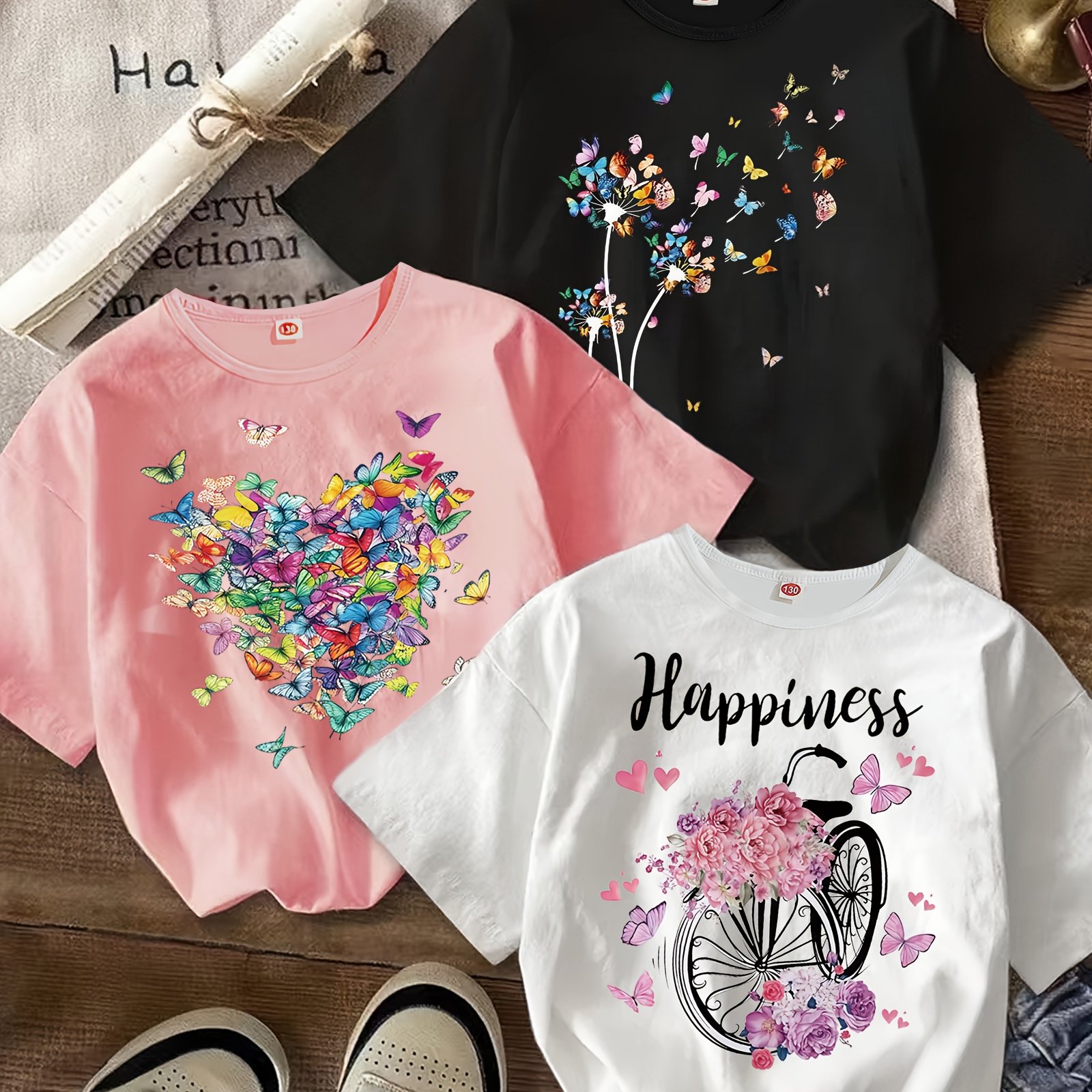 Image of 3pcs Trendy Short Sleeved T-shirt For Girls, Comfortable Polyester Fiber Casual Summer Top With Fun Flower Pattern Print