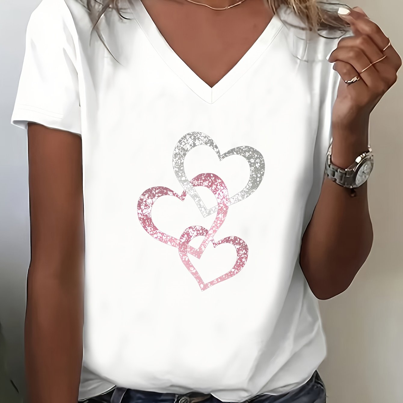 Women's Casual V-neck Short Sleeve T-shirt With Colorful Heart Print, Stretch Fabric, Regular Fit - Ideal For Spring And Summer, Ladies T