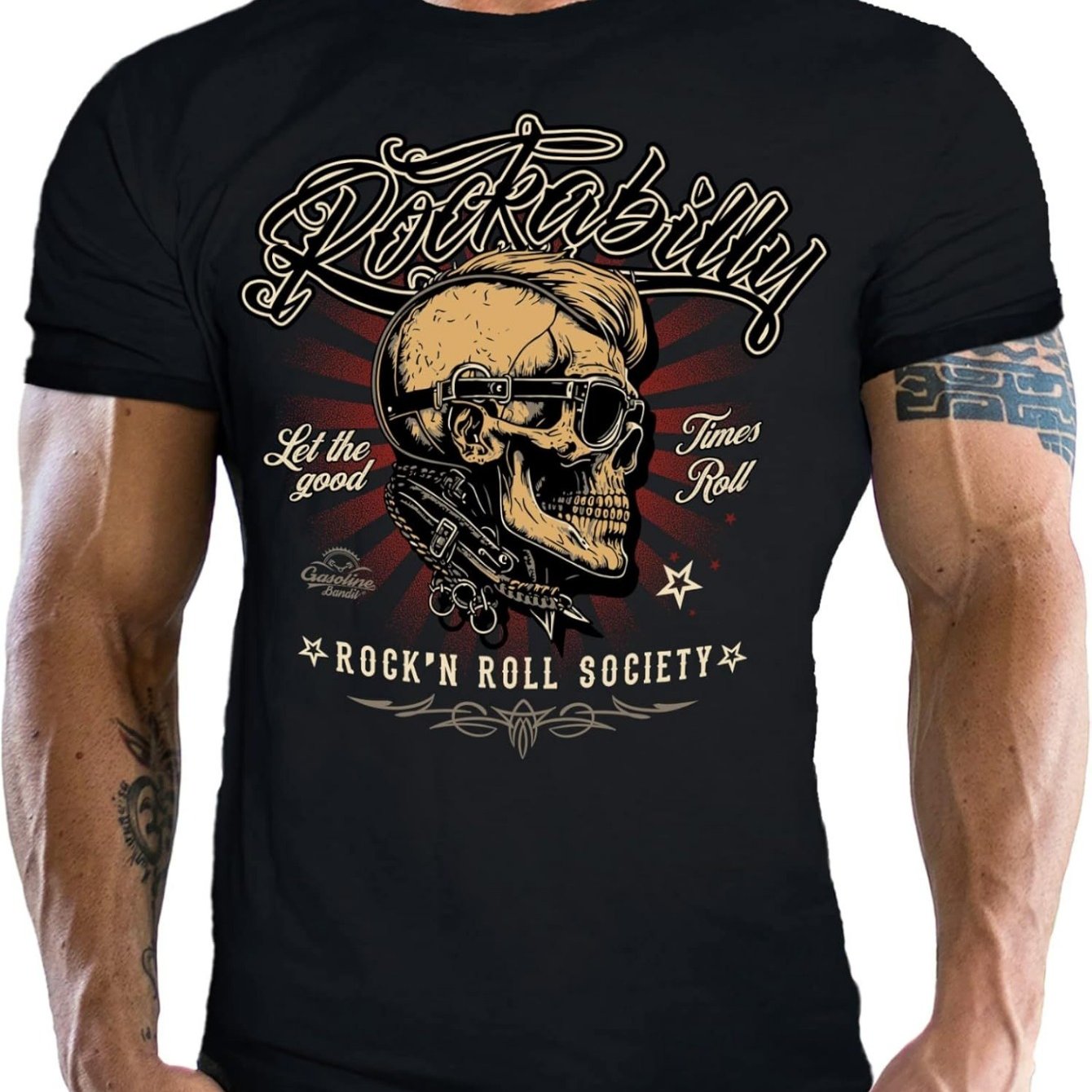 Men's Vintage Rockabilly Graphic T Shirt Black Retro Skull Fashion Glasses Design With Keep 'n Roll Print, 100% Short Sleeve Shirt For Summer Casual Wear Outdoor Sports, Shirt