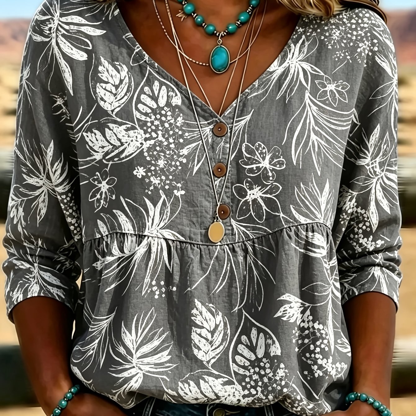 Image of Women's Vintage Floral Print V Neck 3/4 Sleeve Henley Blouse, Casual Loose Babydoll Hem Tunic Top, Lightweight Vacation Daily Wear Shirt