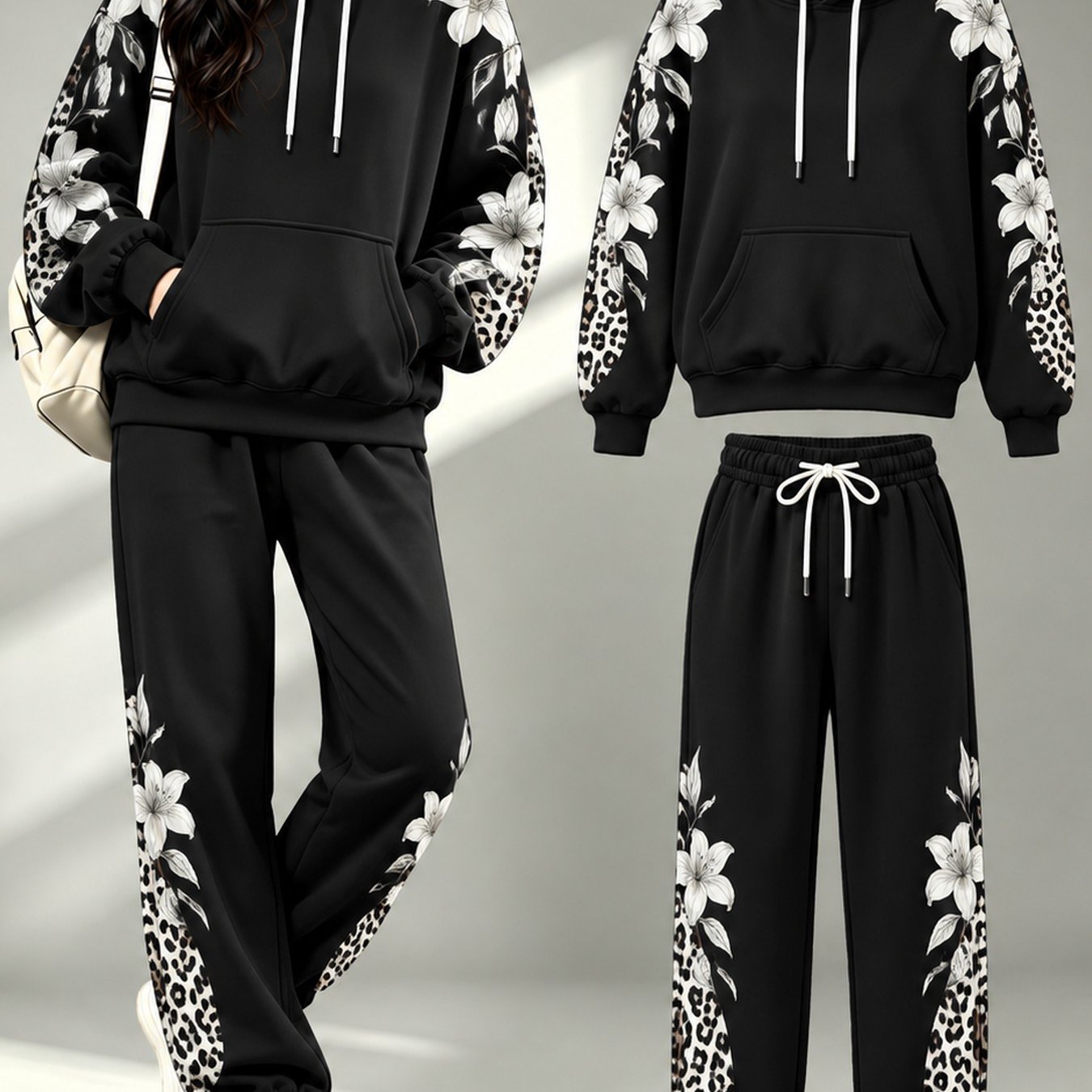 Image of 2pcs Set, Women's Autumn And Winter New Hooded Sweatshirt And Jogger Pants Outfit, Geometric Print (non-embroidered), Suitable For Versatile Commuting, Outdoor, Parties, Etc., Ideal For Gifting