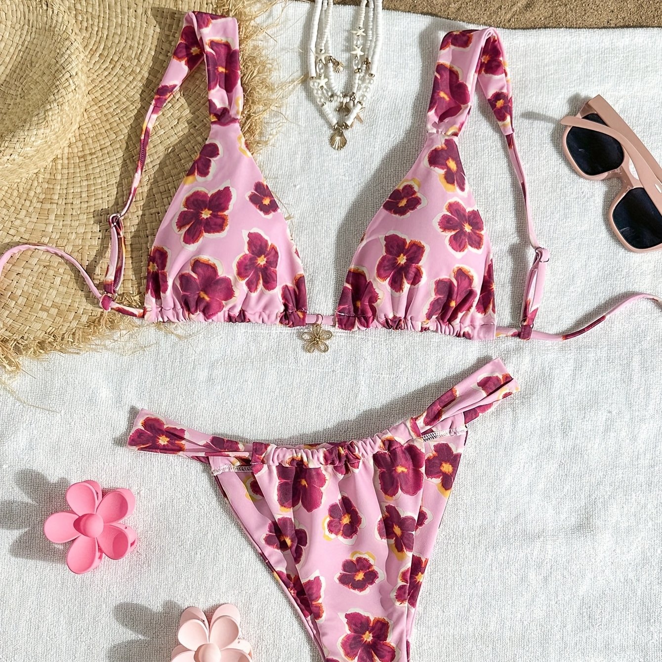 TEMU Senman Directional Swimsuit Women's Split Bikini Floral Print Sexy Swimsuit Triangle Halter