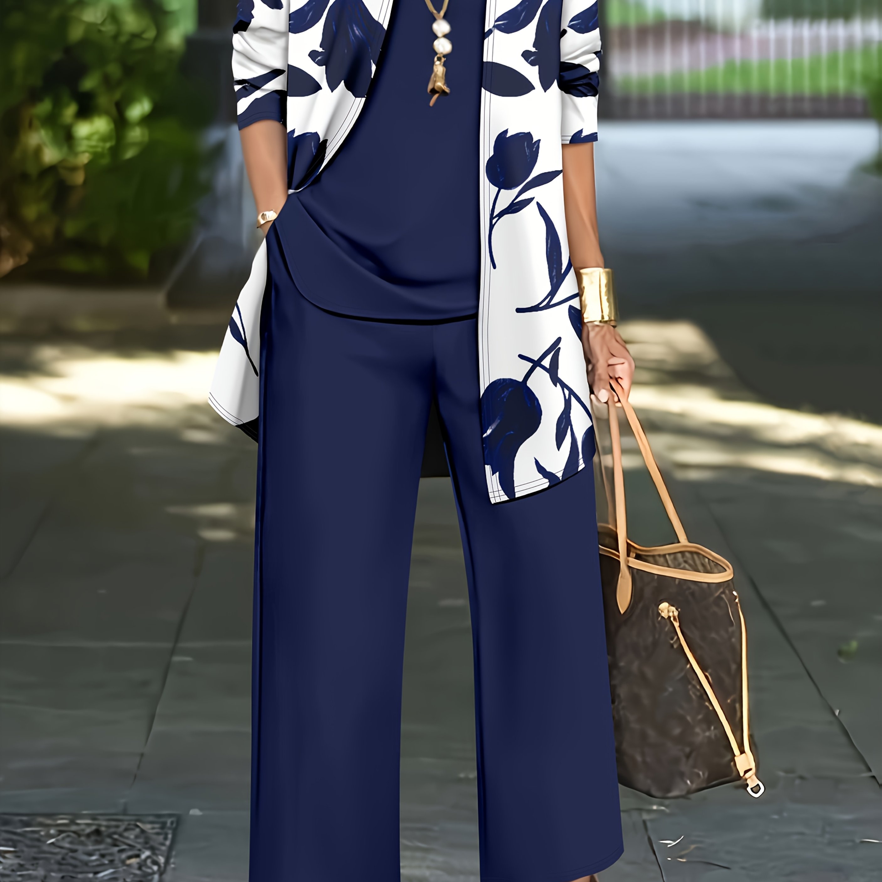 TEMU Commuter Simple Casual Elegant Women's Printed Pants Set Three-piece: Vest   Jacket With Botanical Print   Wide-leg Pants For Women