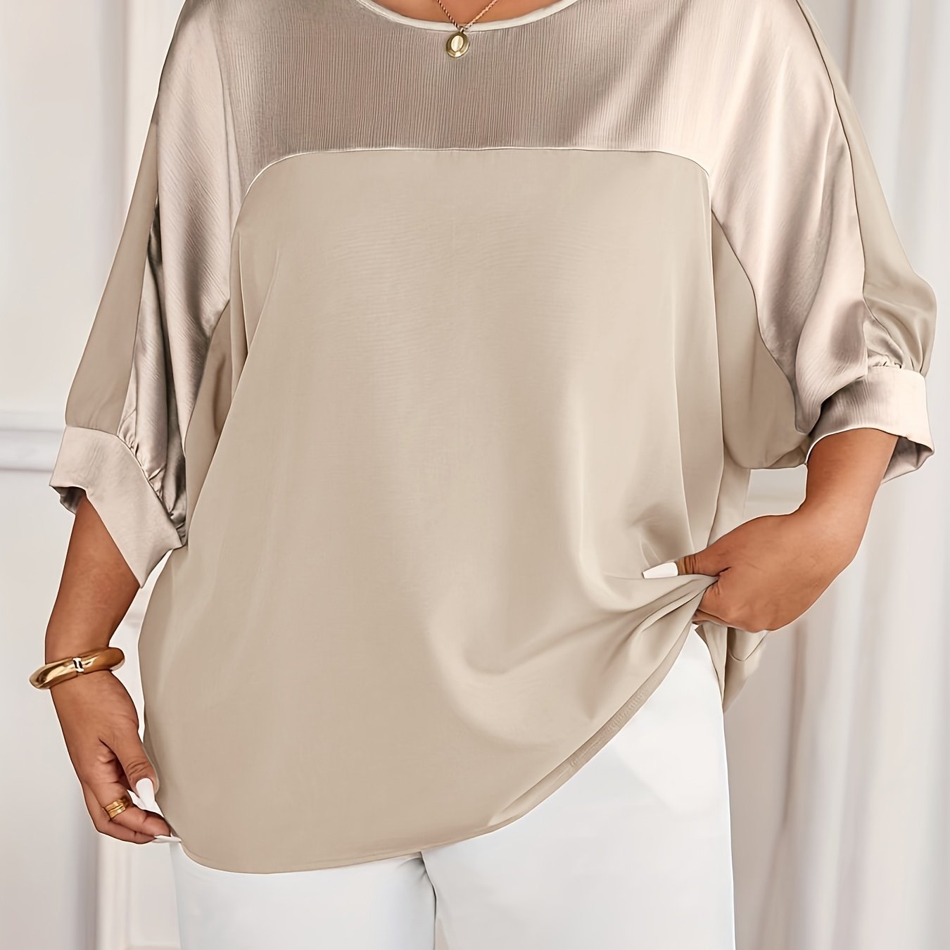E-shop Plus Size, Damen Plus Size Rundhals 3/4 Ärmel Metallgewebe Patchwork Color-Block Casual Pullover für Ausflüge, Urlaub, Pendeln Partys