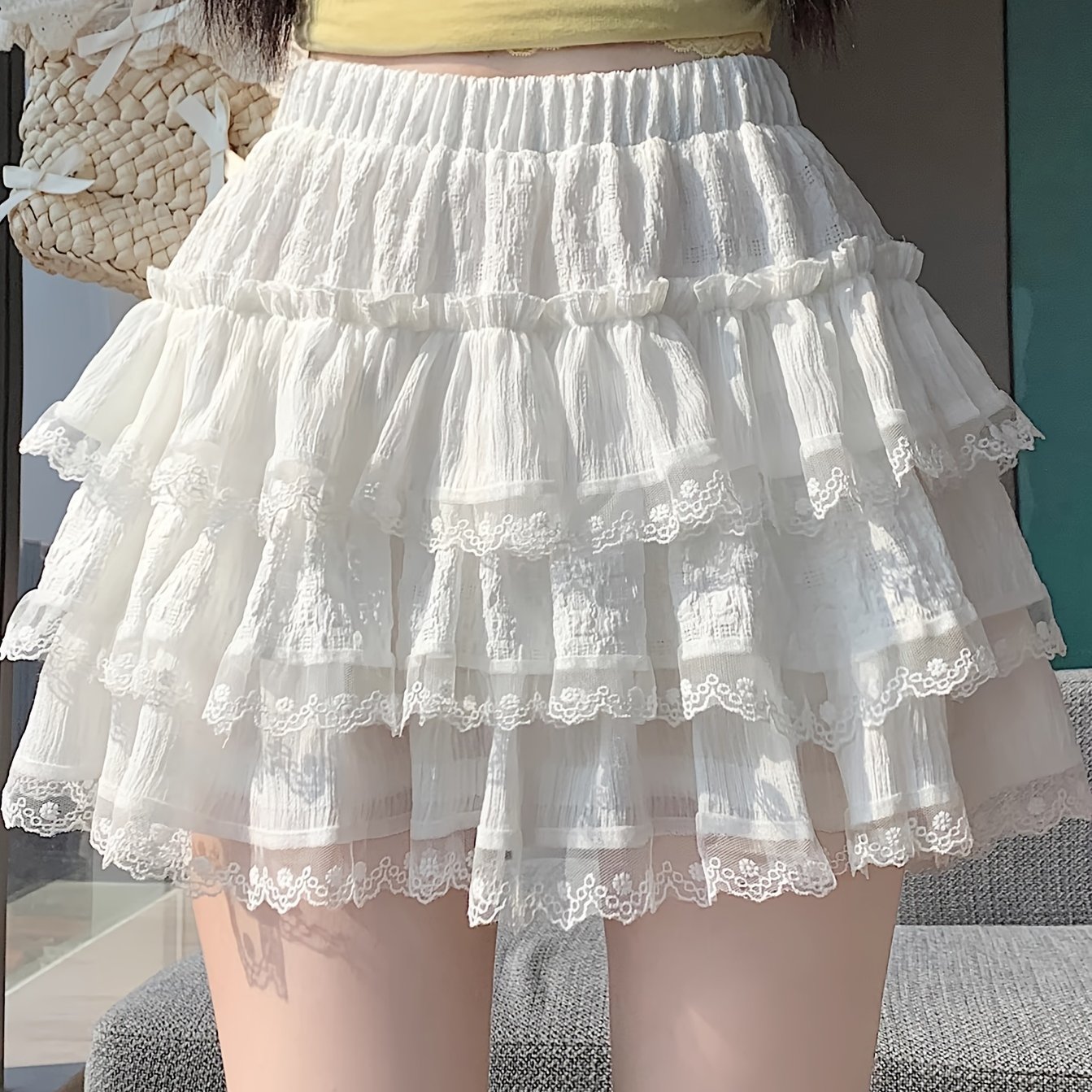 TEMU Elastic Waist With Lining Lace Stitching Skirt Women's Waist Anti-exposure A-line Spicy Fluffy Short Skirt