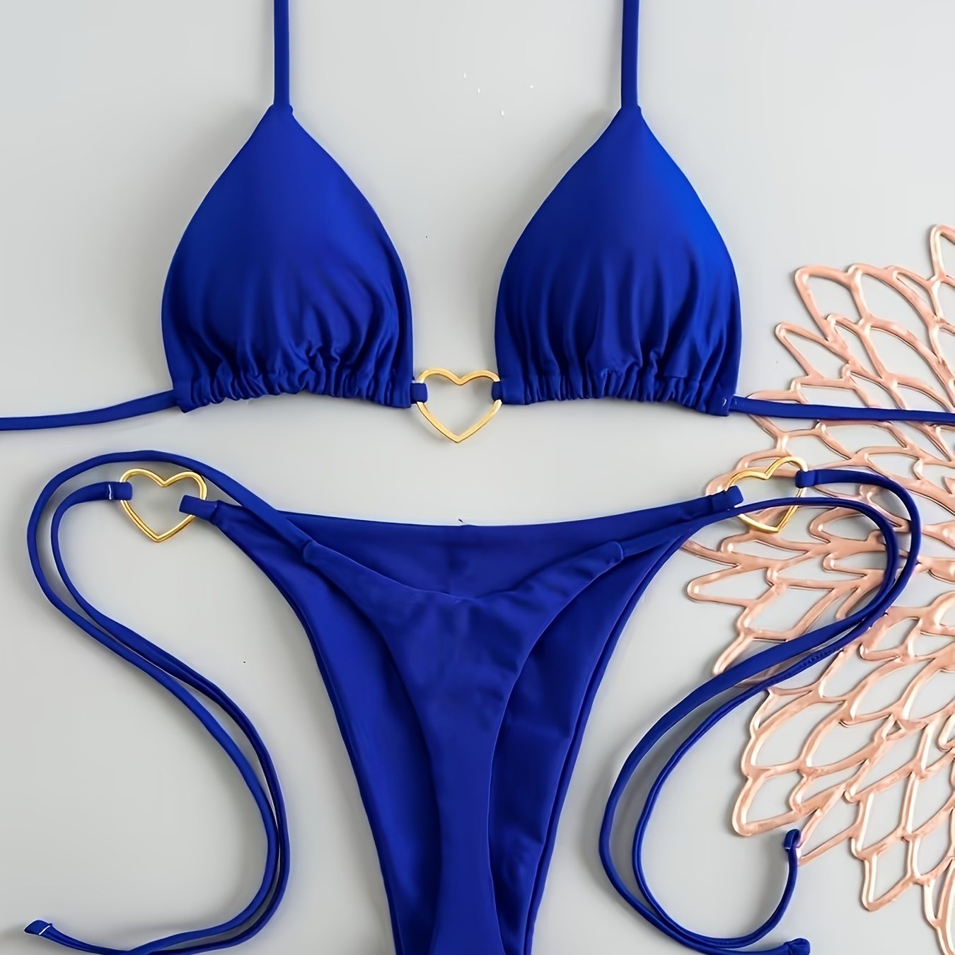 TEMU Ensemble bikini triangle uni pour femmes 2026, haut dos nu avec bague cœur, coussinets rembourrés et string à double bretelles, maillot de bain