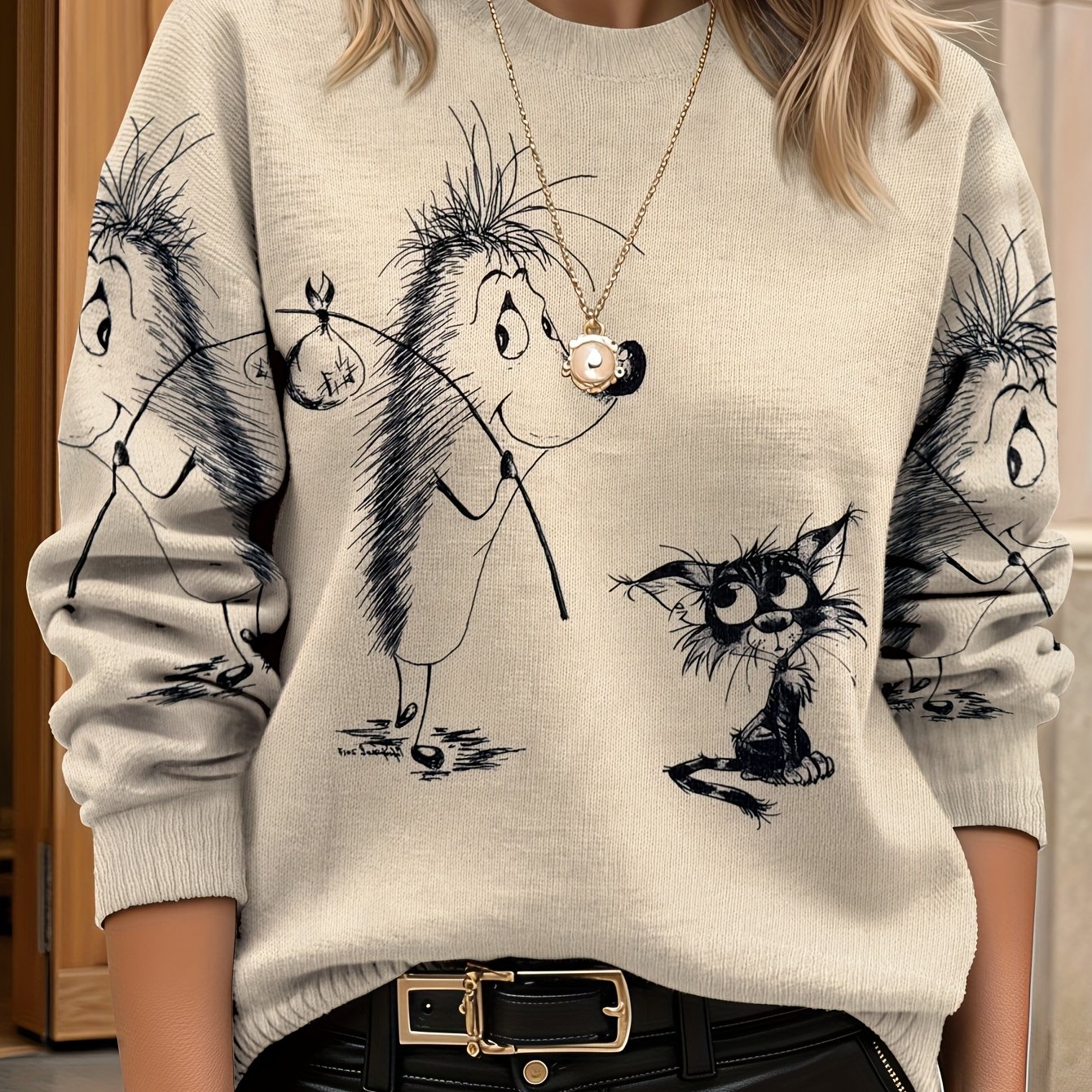 E-shop Damen Langarm-Pullover mit -Druck, Leichtes Universal-Crewneck, Trendiges Design, Ultra HD Cartoon-Igel- Katzenmuster, für Casual--Outfits –