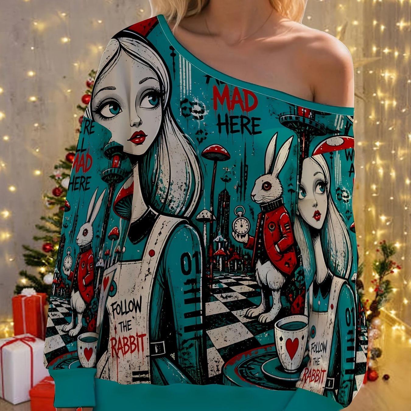 TEMU Retro Fantasy Style Women's Off-shoulder Sweatshirt, Casual Design Showcasing , Long Sleeve Top With Alice Dark Tale Print, -, Loose