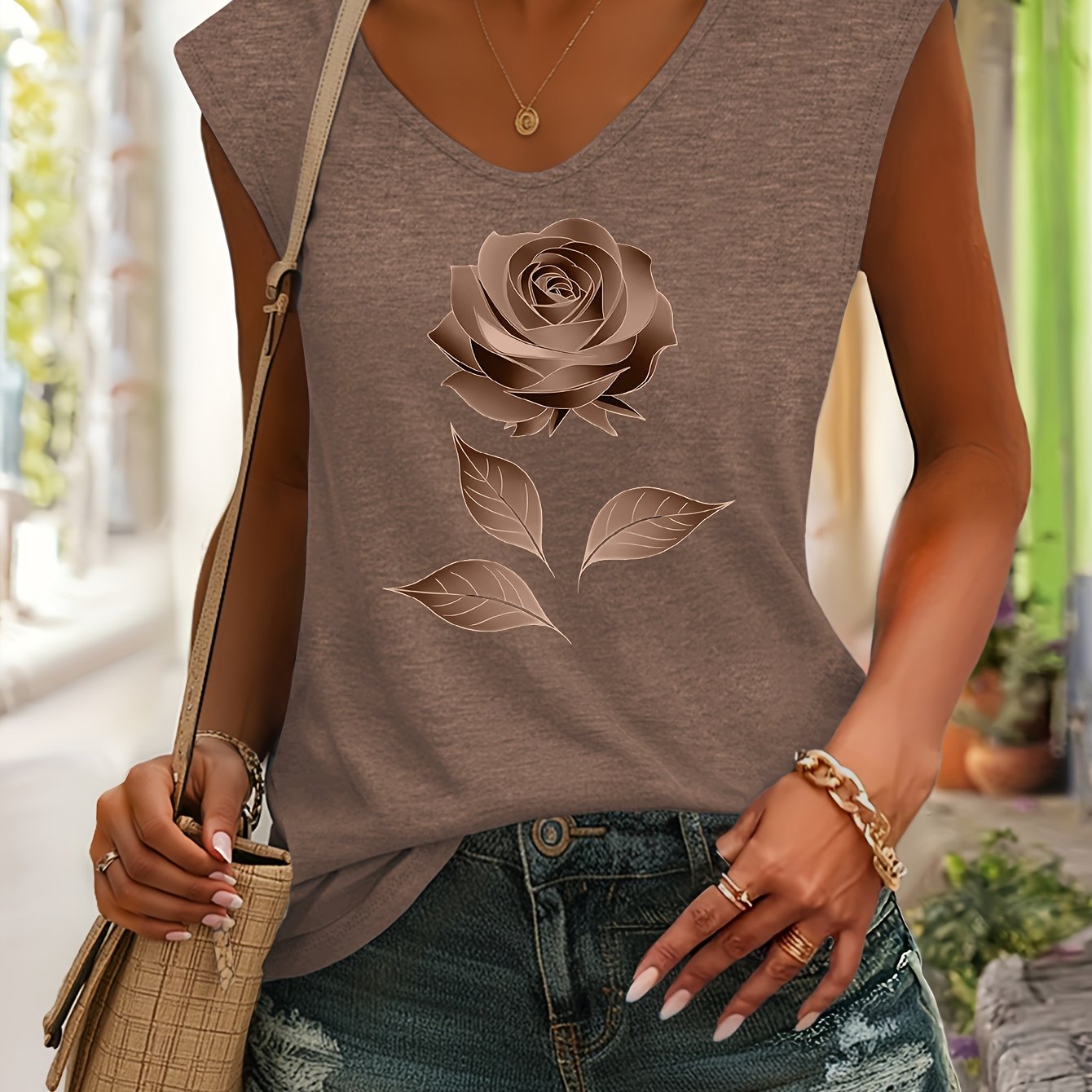 TEMU Camiseta sin con cuello en V y estampado de de rosas estilo pintado a , natural y de tela, se puede combinar , estilo versátil, adecuada para