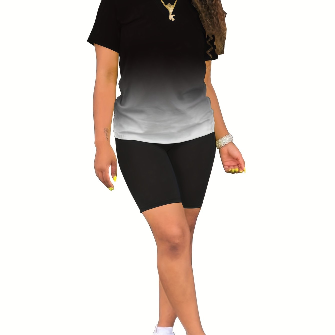 TEMU Ombre Matching Two-piece Set, Casual Short Sleeve T-shirt & Skinny Shorts Outfits, Women's Clothing