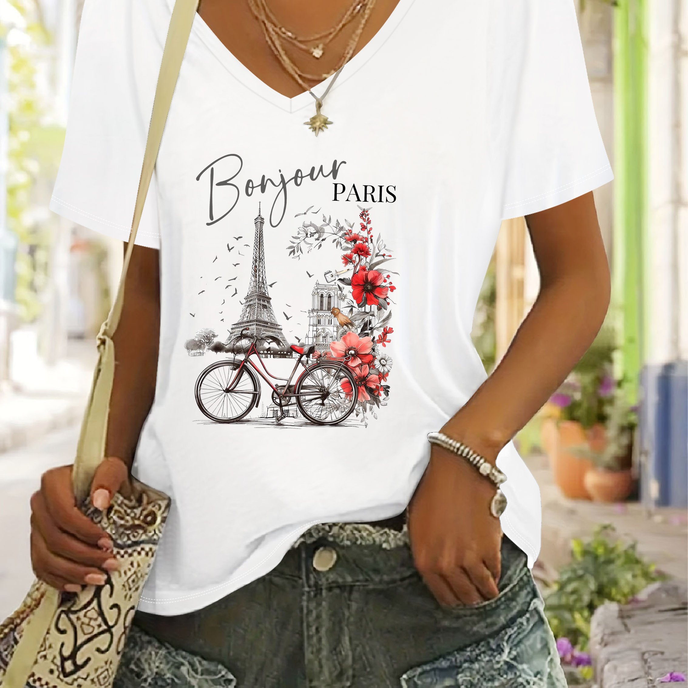 TEMU T-shirt à col en V tendance pour femmes, idéal pour et l'été. Son design sexy et élégant met en valeur le col en V, tandis que le imprimé floral