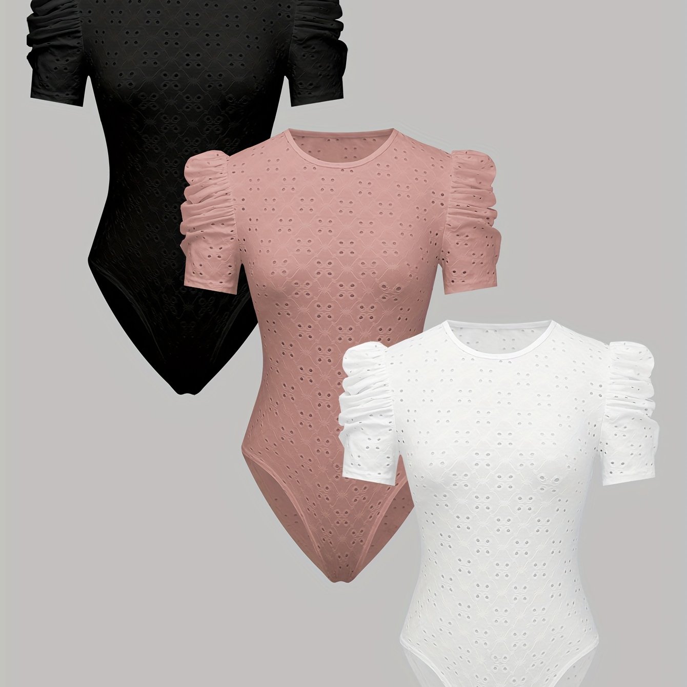 E-shop 3-teiliges Set Frühling/Sommer Vintage-Body für Damen mit Puffärmeln Spitzen-Ausschnitt, schmal geschnittenes, atmungsaktives Kurzarm-Top,