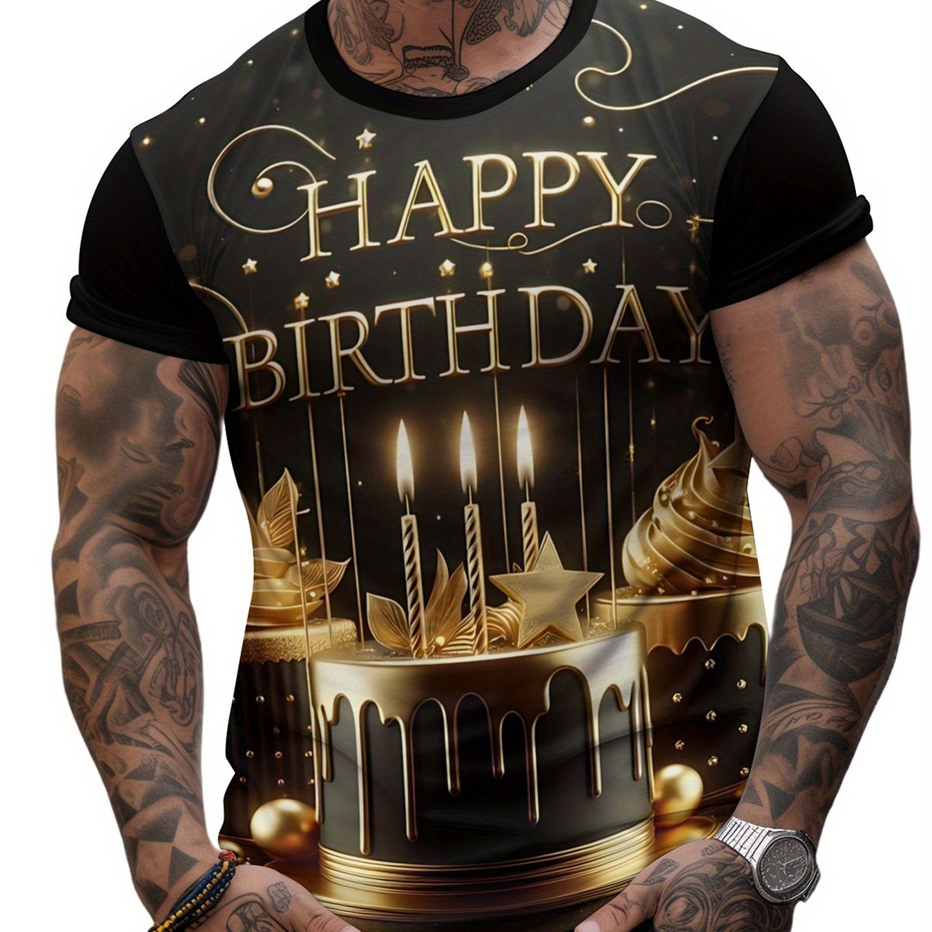 TEMU [printed Design-nottextured]men's Golden Birthday Party T-shirt With Happy Birthday Text & Print - Casual Round Neck Short Sleeve Summer Tee,