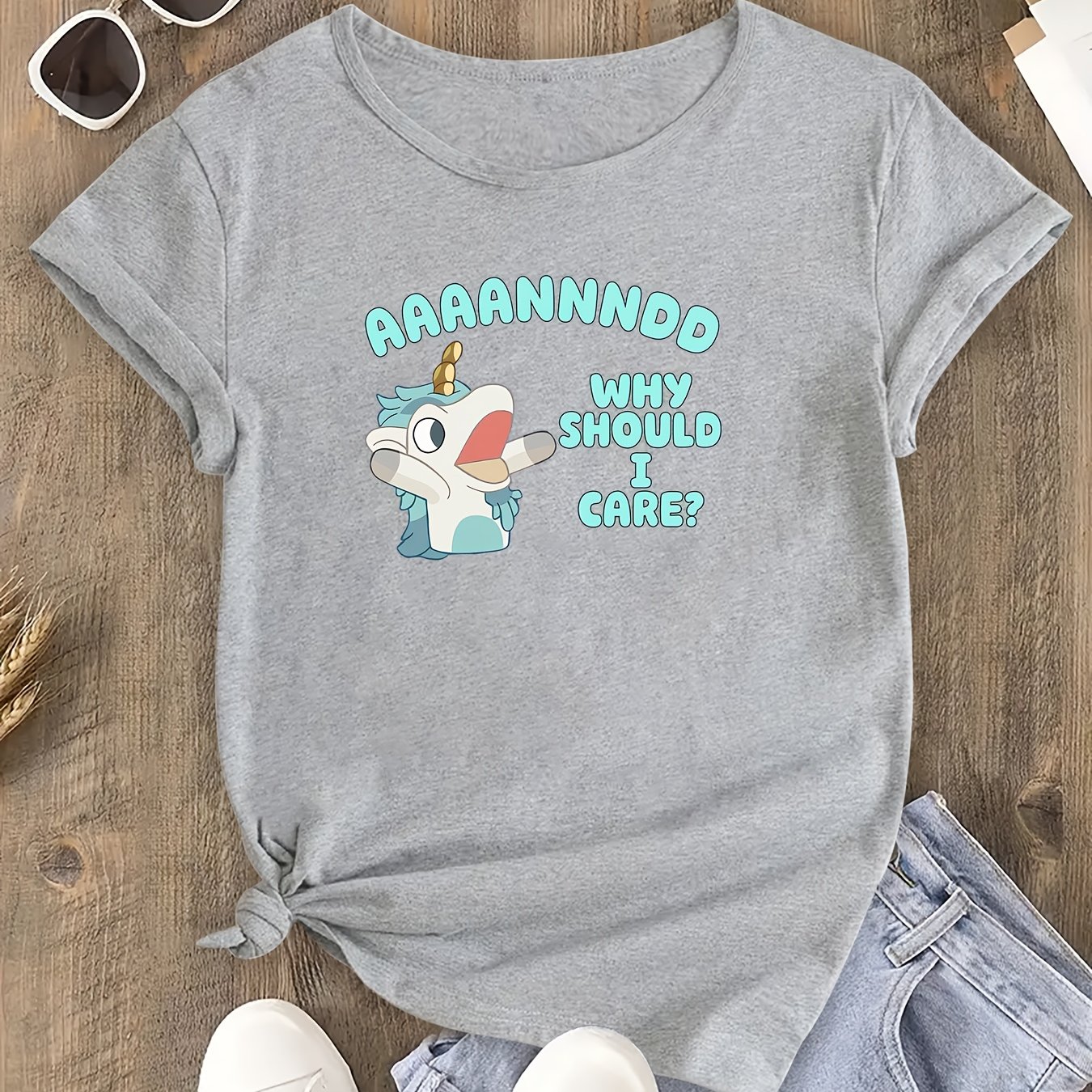 TEMU Women's Plus Size Casual Crew Neck T-shirt With Cute Unicorn Print - 100% Polyester, Medium Stretch, Knit Summer Tee With Cartoon Pattern